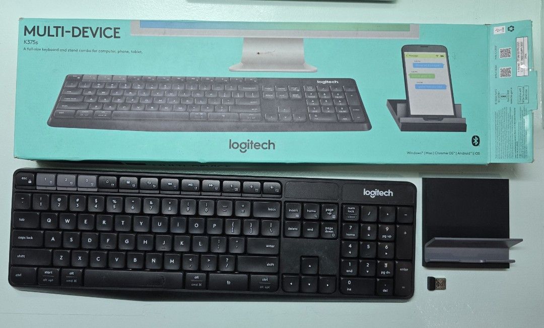 Logitech K375s Multi-Device Keyboard (Category: Computer Keyboard) located in Quezon City. Submitted by NewChallengerThrift (Listing ID 1420350134, Image 1). Description: - Logitech K375s multi-device keyboard - Includes phone stand and USB receiver - Black, full-size layout - Designed for multiple devices Personal experience: very light at matipid sa battery. Used for a while and nagstick na ung space bar kaya nagpalit ng keyboard. Maaaring maay