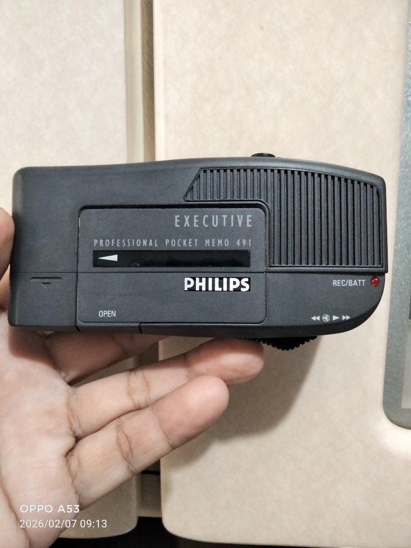 Philips Executive Professional Pocket Memo 491 (untested)) (Category: Portable Music Players) located in Carmona. Submitted by rpute (Listing ID 1420171352, Image 1). Description: Vintage Philips Executive Professional Pocket Memo 491 voice recorder. Features include play/stop and record/battery functions. It has a 3V DC input and is marked "Made in Austria". The device has a microphone input and an earphone output. The cassette compartment is vi