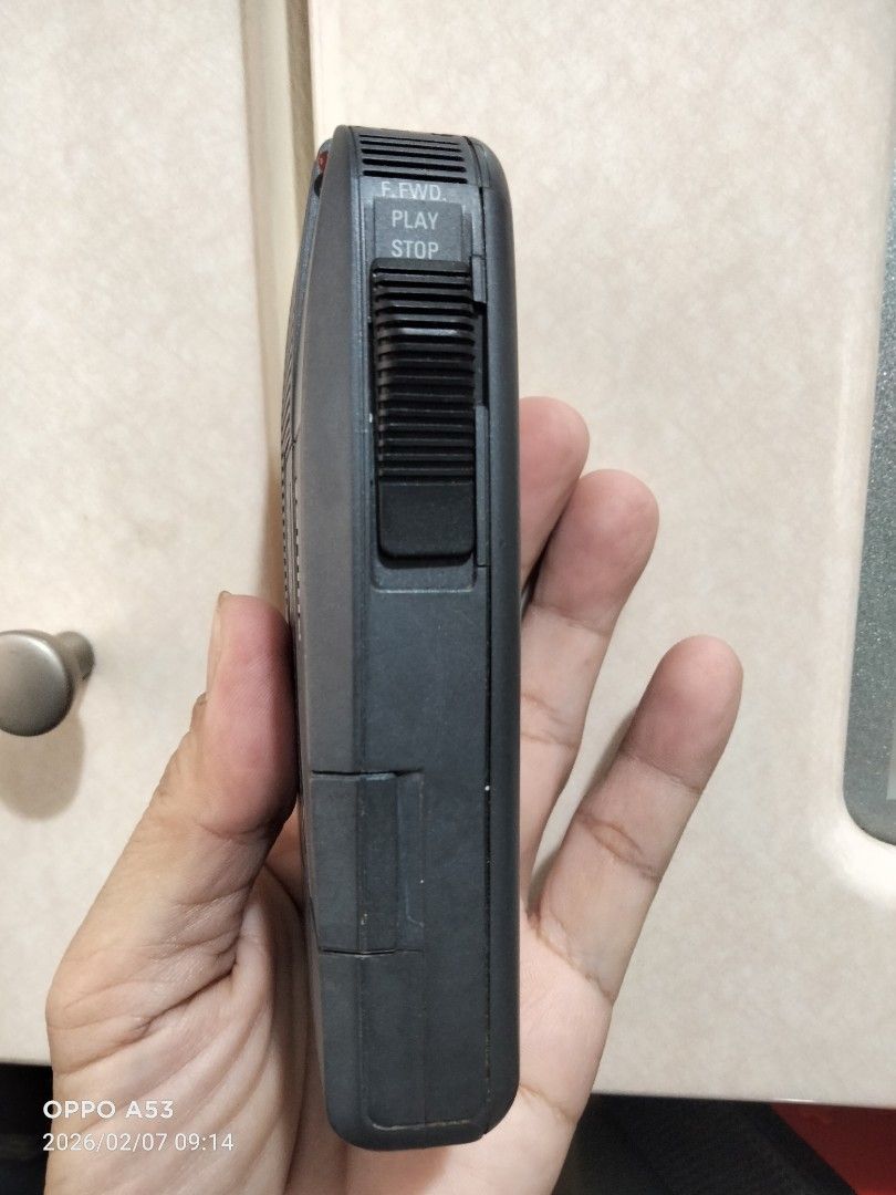 Philips Executive Professional Pocket Memo 491 (untested)) (Category: Portable Music Players) located in Carmona. Submitted by rpute (Listing ID 1420171352, Image 2). Description: Vintage Philips Executive Professional Pocket Memo 491 voice recorder. Features include play/stop and record/battery functions. It has a 3V DC input and is marked "Made in Austria". The device has a microphone input and an earphone output. The cassette compartment is vi