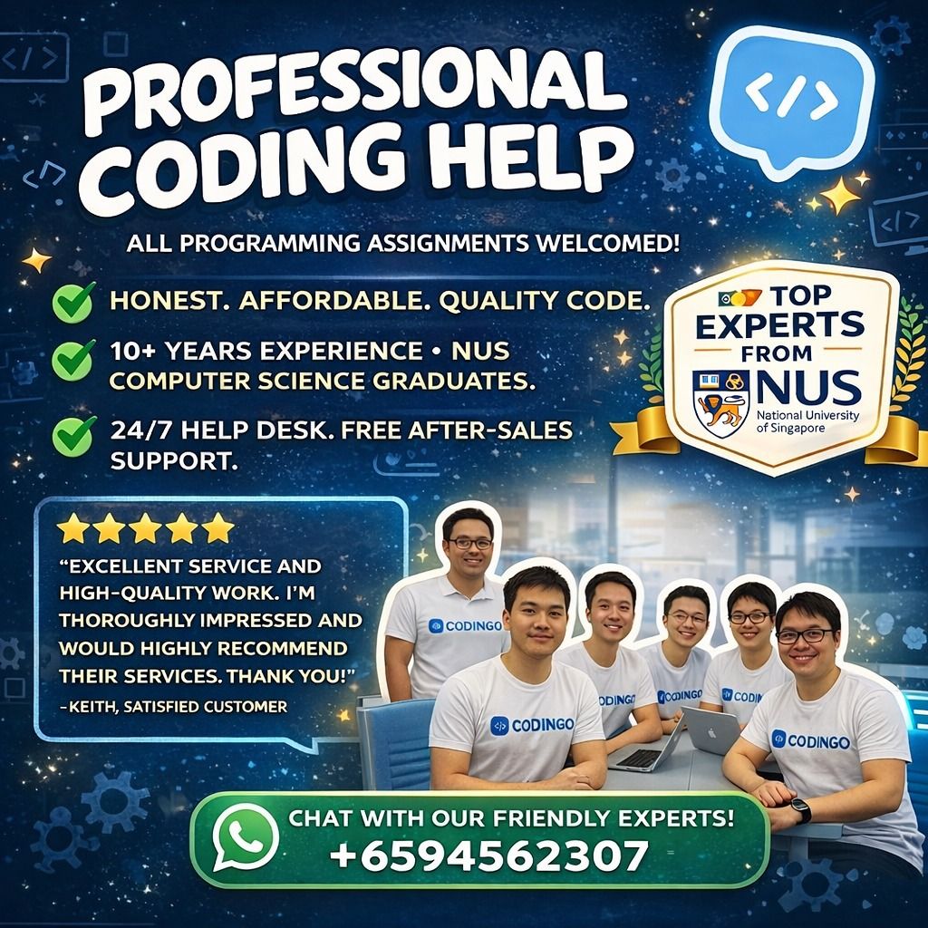 Programming Software Development Coding Assignment Help Service Python C Java C++ HTML JavaScript Tableau Autocad Solidworks VBA Swift Kotlin Matlab (Category: IT & Programming) located in Singapore. Submitted by codingo (Listing ID 1039341472, Image 1). Description: Student or enterprise? Codingo is your one-stop programming solutions provider. From university level python coding to enterprise level cloud systems, we have it all covered. Codingo