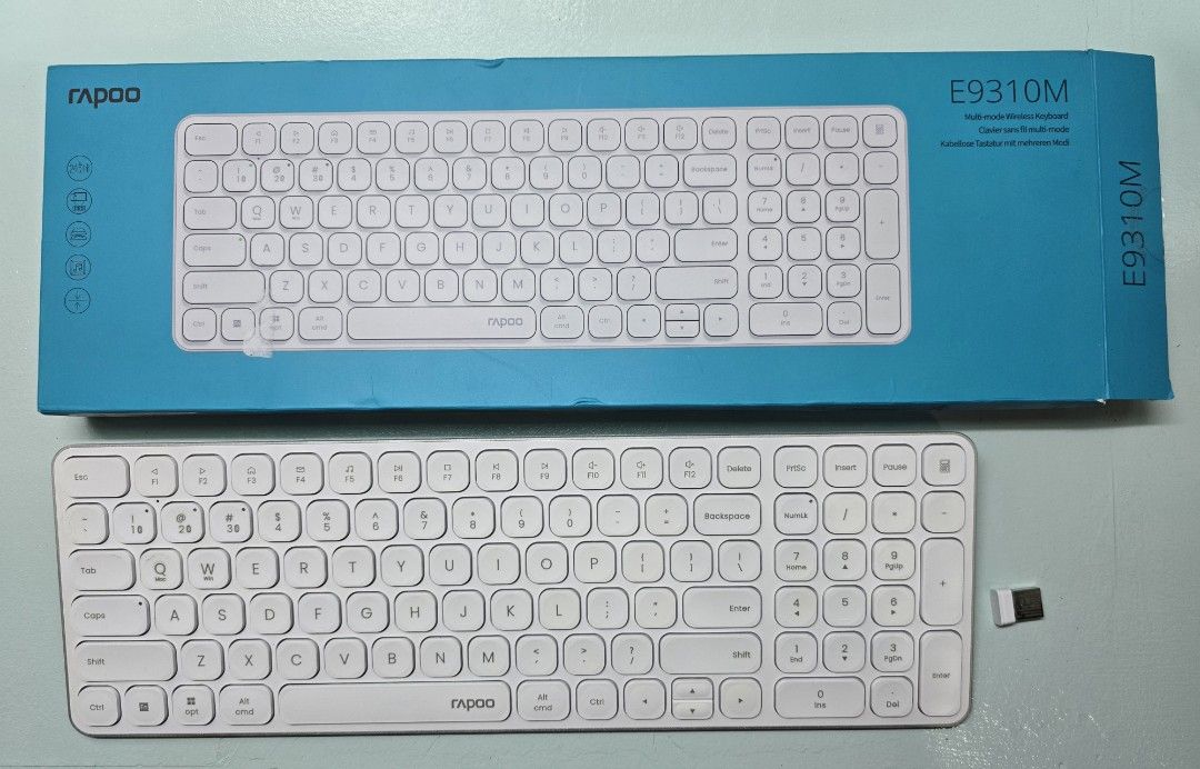 Rapoo E9310M Keyboard Multi-Mode Wireless Ultra-slim 3.9 mm keyboard (Category: Computer Keyboard) located in Quezon City. Submitted by NewChallengerThrift (Listing ID 1420349831, Image 1). Description: - Rapoo E9310M Wireless Keyboard - Ultra-slim design 3.9 mm thin - 12 months battery life - White color - Includes USB receiver Purchased on 29 Jun 2025 on Rapoo LazMall for P1,387. Personal experience: mascara type at tahimik. RFS: Switched to me