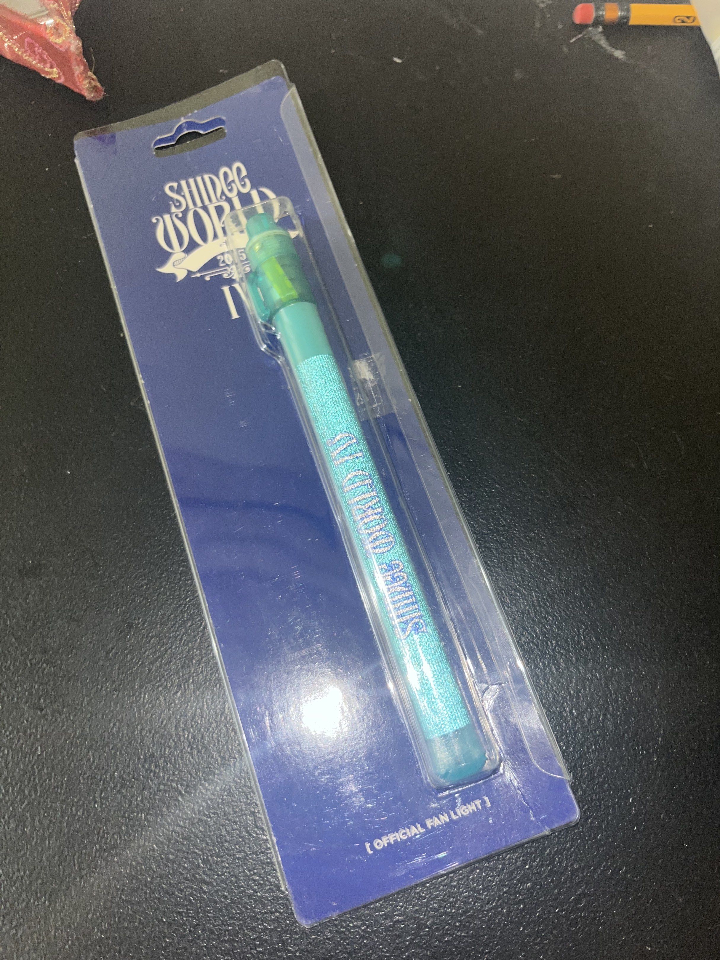 SHINee World IV Official Fan Light PENLIGHT (Category: Stationery & School Supplies) located in Makati City. Submitted by hellogaragekitty (Listing ID 1420347177, Image 1). Description: - Official SHINee World IV fan light - Teal color - Glows green - Features the SHINee World IV logo - Includes original packaging BRAND NEW ONLY OPENED FOR TESTING :> .