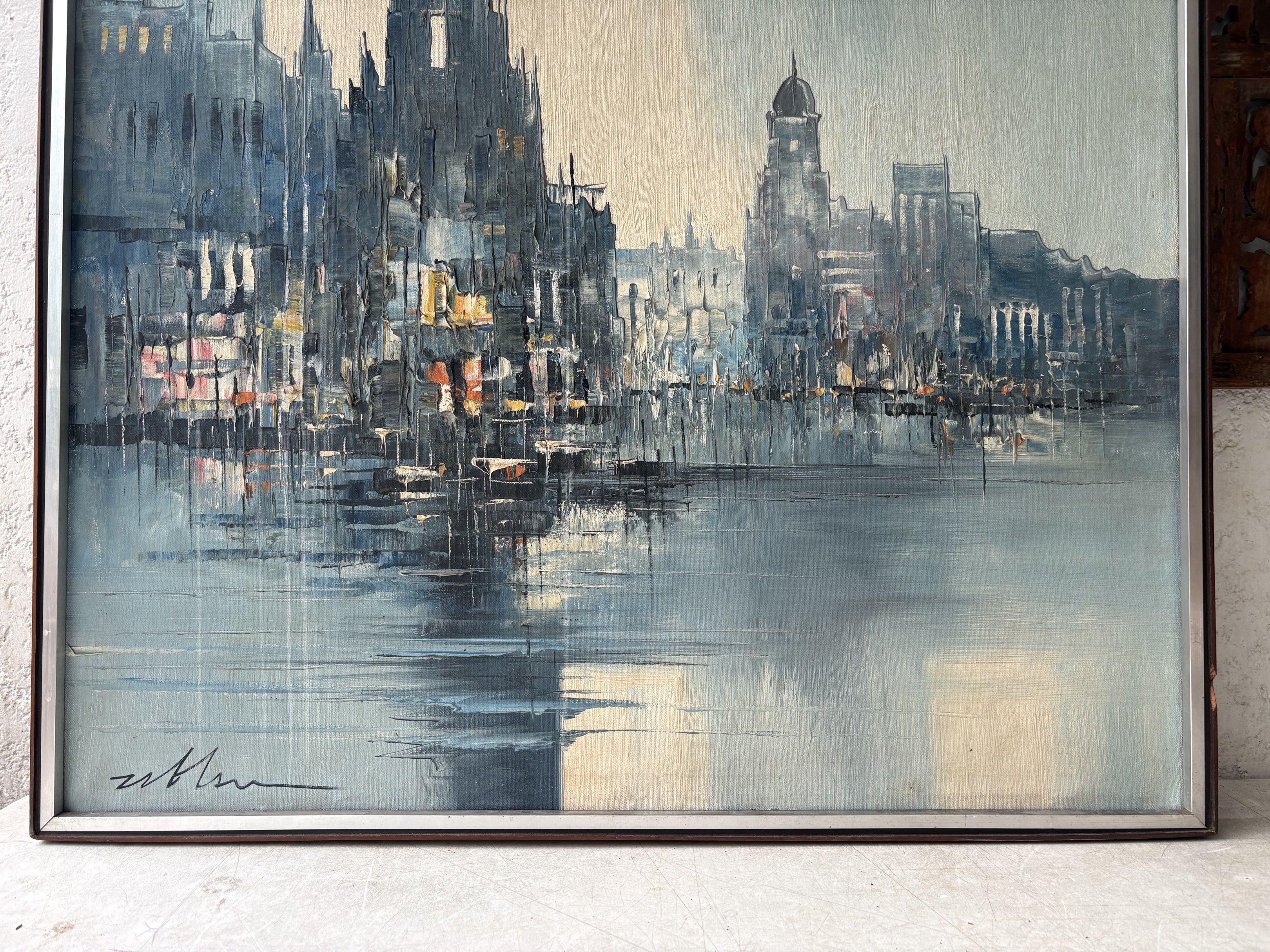 Vintage Big 30 x 30 inches Cityscape Oil on Canvas Painting of Leonardo Zablan (1934-1987) (Category: Art & Prints) located in Paranaque City. Submitted by turnintocash (Listing ID 1420204341, Image 3). Description: 1960s-70s original old frame / as-is without COA location -Paranaque.