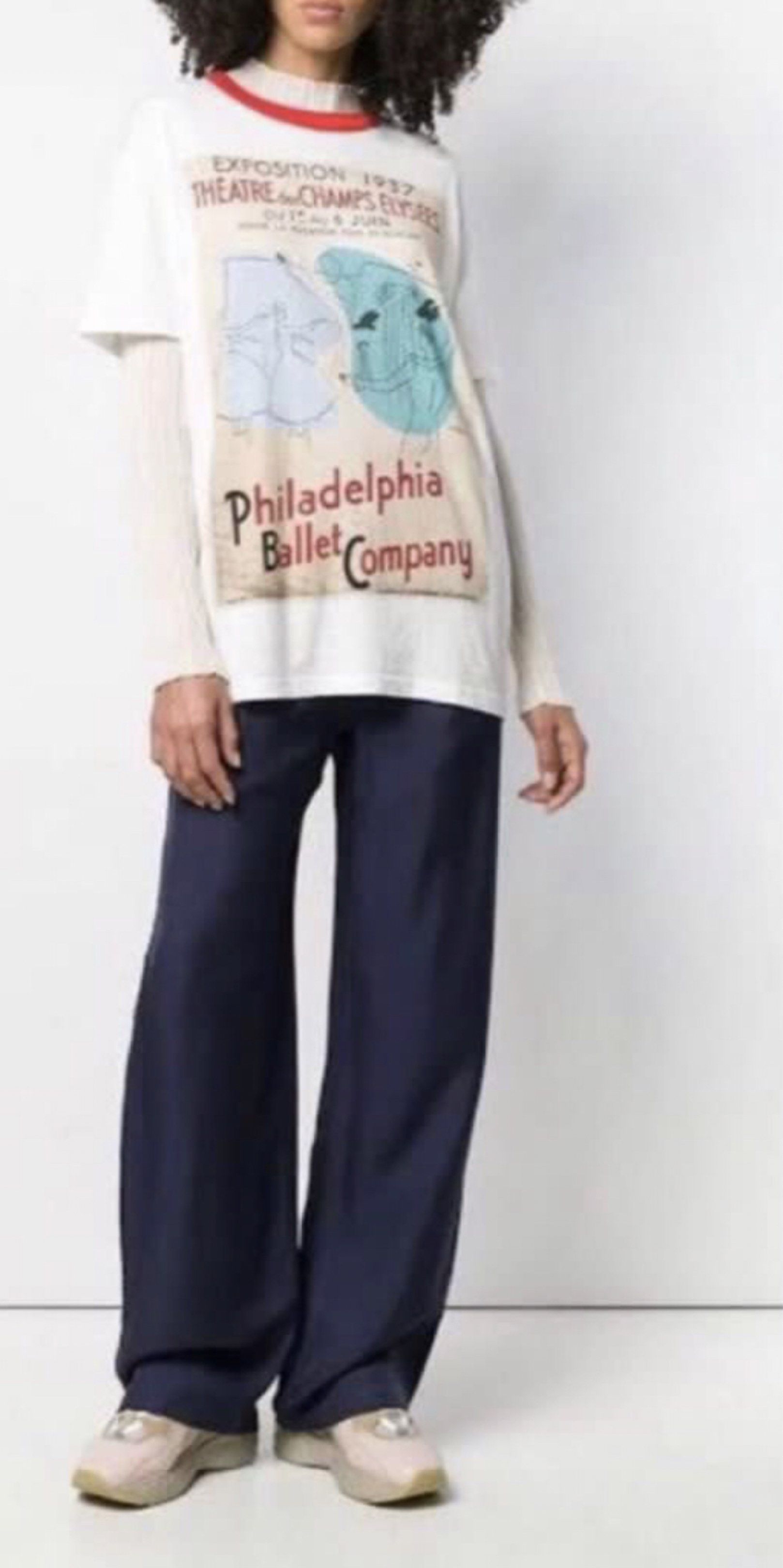 Acne Studios Esmeta Vtg Rare Shirt (21x29) (Category: Luxury Apparel) located in Calapan. Submitted by shakalak2 (Listing ID 1420362927, Image 3). Description: Acne Studios Esmeta T-shirt with a unique Philadelphia Ballet Company graphic. Features a red-trimmed crew neck and short sleeves. Made in Portugal. The shirt is white with a vintage-style print. The size is XS. The fabric composition is 67% viscose, 27% nylon, 6% elastane. RARE/UNISEX WAS