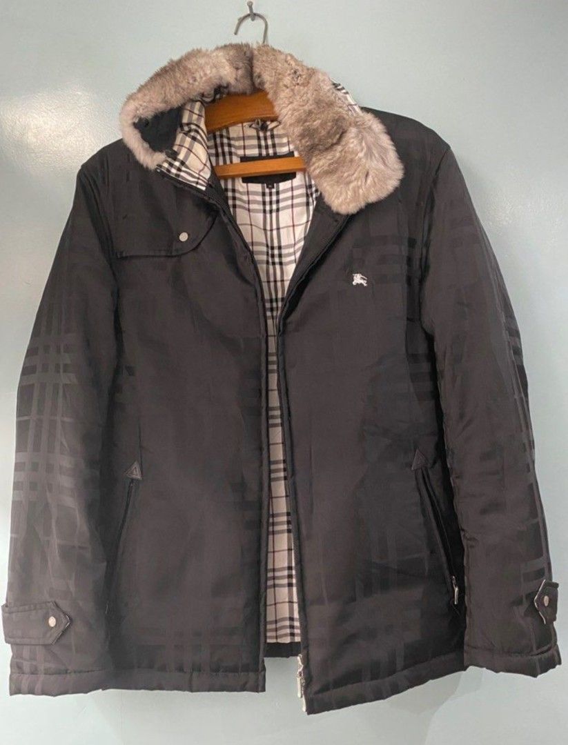 Burberry Black Label Jacket with Fur Collar (Category: Luxury Apparel) located in Calamba. Submitted by _arar_ (Listing ID 1420435203, Image 1). Description: - Burberry Black Label Jacket - Size: M - Fur collar - Check pattern lining - Burberry logo on zipper and buttons - Zip closure - Pockets - Suitable for colder weather.