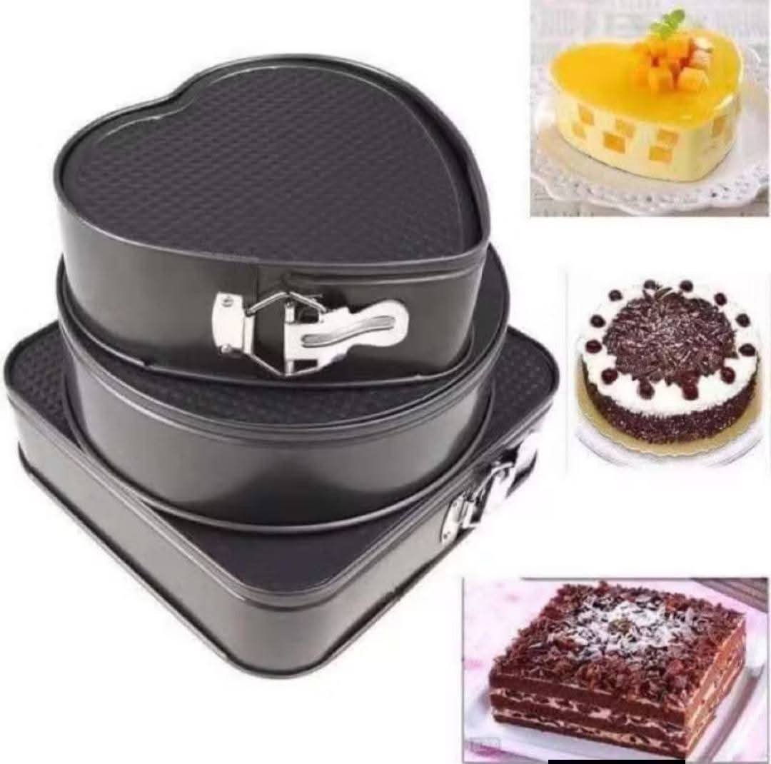 Cake Molding Pan Set (Category: Bakeware) located in Manila. Submitted by yzlshop (Listing ID 1420359999, Image 3). Description: Cake molding pan set includes heart, round, and square shapes. The set features a springform design for easy cake removal. The sizes are 23cm (heart), 26cm (round), and 27cm (square). Perfect for baking various cake designs..