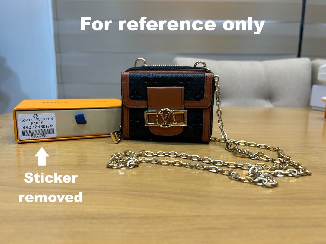 Designer Mini Square Coin Purse with Chain #2 (Category: Wallets & Card holders) located in Cebu City. Submitted by smartvogue (Listing ID 1420392938, Image 2). Description: - Black and brown color scheme - Gold-tone hardware - Features a chain strap - Secure zip closure - Black interior with Louis Vuitton Paris Made in France stamp - Includes box, dust bag, and paperwork - Dimensions: 3.75” H x 4.5” W - First piece already sold - Second photo fo