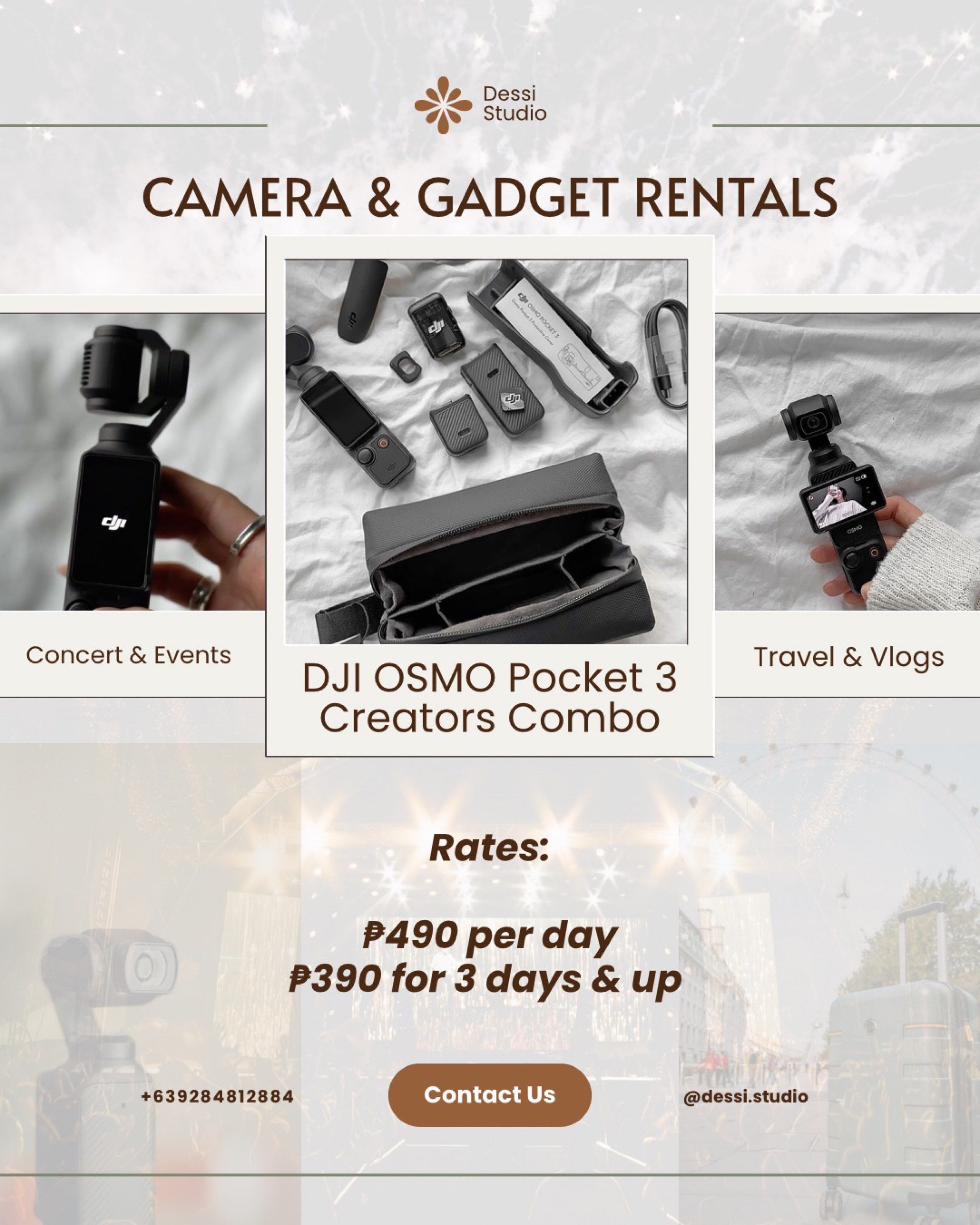 DJI Osmo Pocket 3 Creators Combo Rental (Category: Cameras) located in Valenzuela. Submitted by dessifinds (Listing ID 1420433343, Image 1). Description: Rent the DJI Osmo Pocket 3 Creators Combo! - Ideal for events, vlogs, and travel. - Includes camera, accessories, and carrying case. - Rental Rates: CREATORS COMBO - P490 per day - P390 per day for 3+ days STANDARD COMBO - P450 per day - P350 per day for 3+ days - Contact us to book your rental!