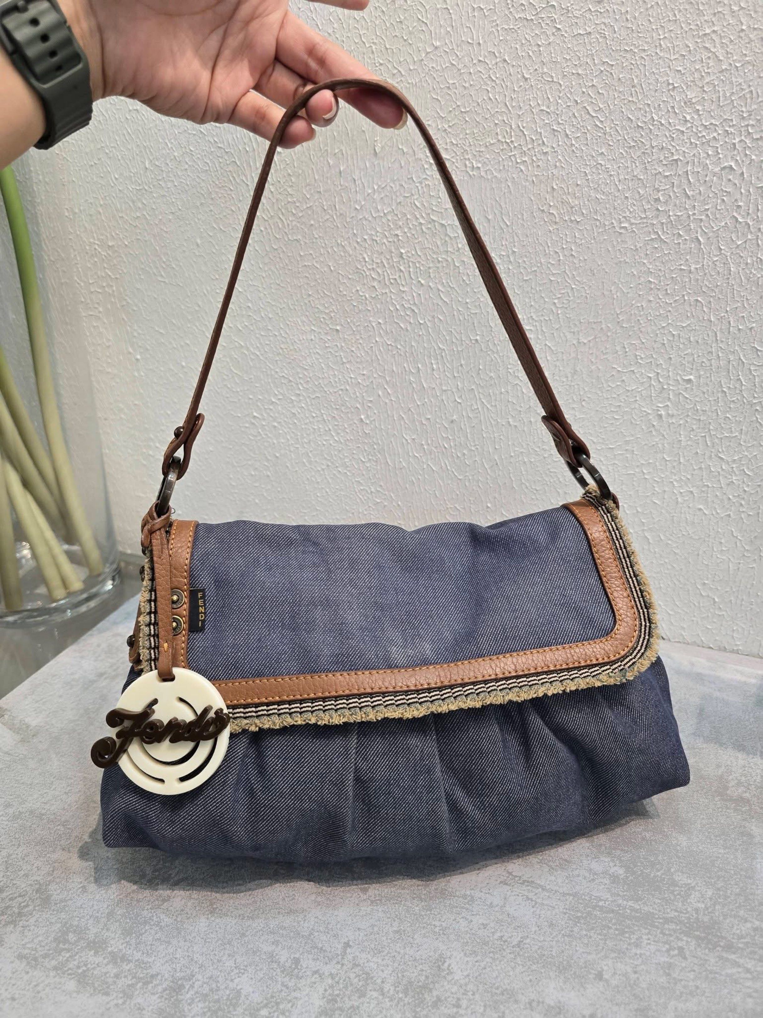 Fendi Denim Shoulder Bag (Category: Luxury Bags & Wallets) located in General Santos City (Dadiangas). Submitted by braverabbit.67 (Listing ID 1420442045, Image 3). Description: - Authentic Fendi shoulder bag - Denim exterior with brown leather strap and trim - Fabric-lined interior with small pocket - Features Fendi logo charm - Magnetic closure - Made in Italy.