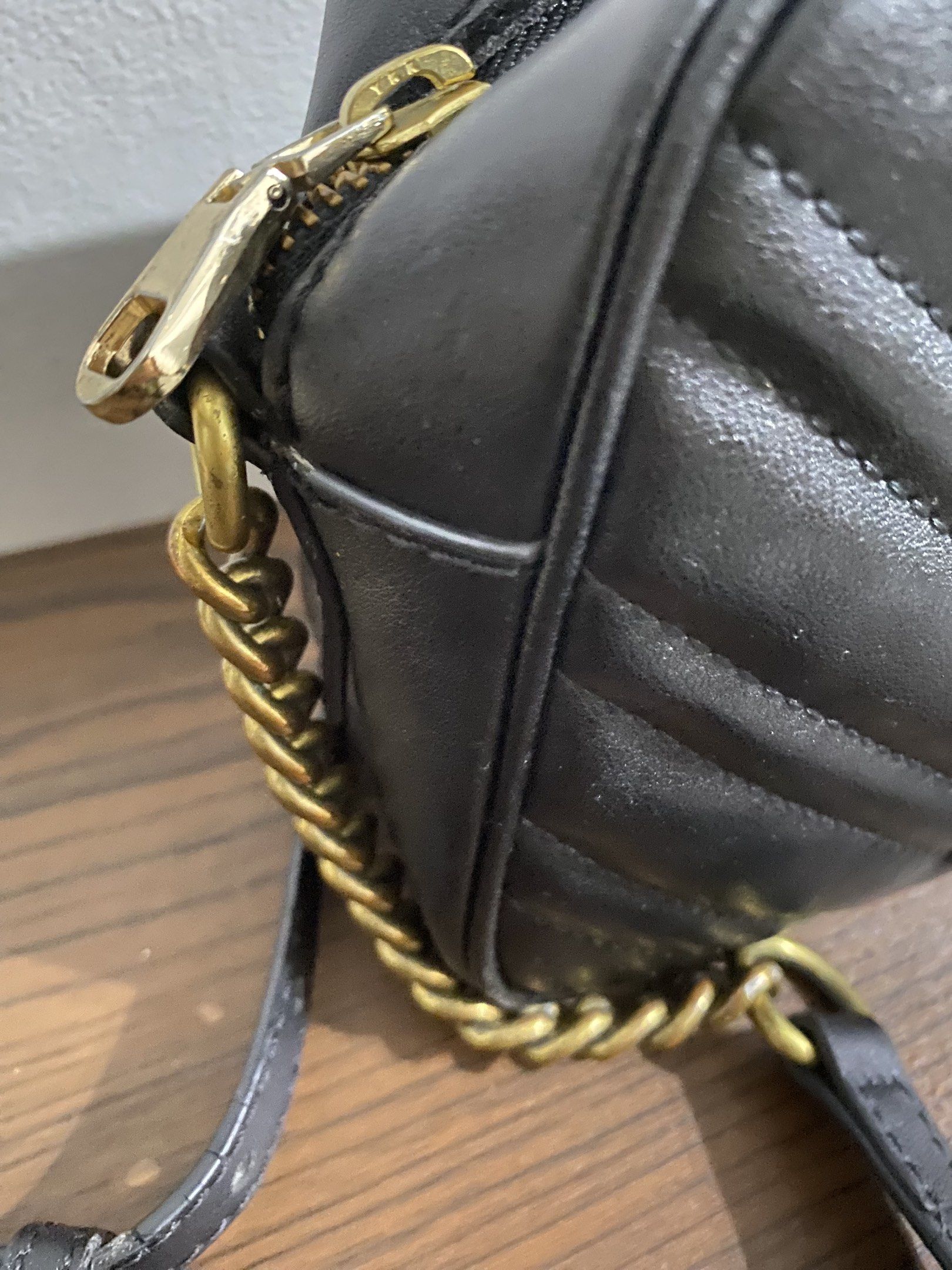 Gucci GG Marmont Matelassé Mini Bag (Category: Luxury Bags & Wallets) located in Bulacan. Submitted by knklittlecloset (Listing ID 1420517866, Image 2). Description: - Gucci GG Marmont mini bag - per online authentication this is authentic but since I don’t have any certificate please do Self-authentication - Color: Black - Design: Chevron - Strap: Gold-tone chain - Logo: Iconic double G - Closure: Zip - Interior: Small pocket - Serial number: Vi