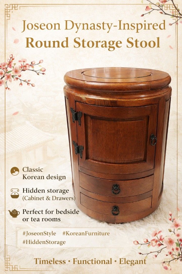 Joseon Dynasty-Inspired Round Storage Stool (Category: Chairs) located in Binan City. Submitted by sakuratreasuresph (Listing ID 1420461457, Image 1). Description: 🪵 Joseon Dynasty–Inspired Round Storage Stool 🪵 Crafted in the spirit of Joseon Dynasty furniture, this round wooden stool showcases timeless Korean design through its smooth curves, rich wood finish, and balanced proportions. Minimal yet elegant, it reflects the era’s appreciation f