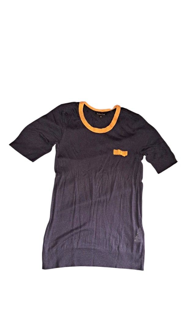 Massimo Dutti Knitted Navy Blue T-shirt (Category: Blouses) located in Cavite. Submitted by naning049 (Listing ID 1420401945, Image 1). Description: - Massimo Dutti T-shirt, orig - Color: Navy blue with yellow trim - Size: L/34 - Features: Short sleeves, chest pocket - Material: Knit fabric -manipis na knitted fixed price.