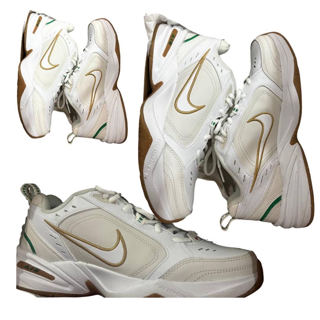 Nike Air Monarch IV White Gold (Category: Sneakers) located in Cainta. Submitted by declutteringceo (Listing ID 1420553564, Image 2). Description: - Nike Air Monarch IV sneakers - White leather upper - Gold swoosh and green detailing - White and brown sole - Lace-up closure - Nike Air logo on heel.