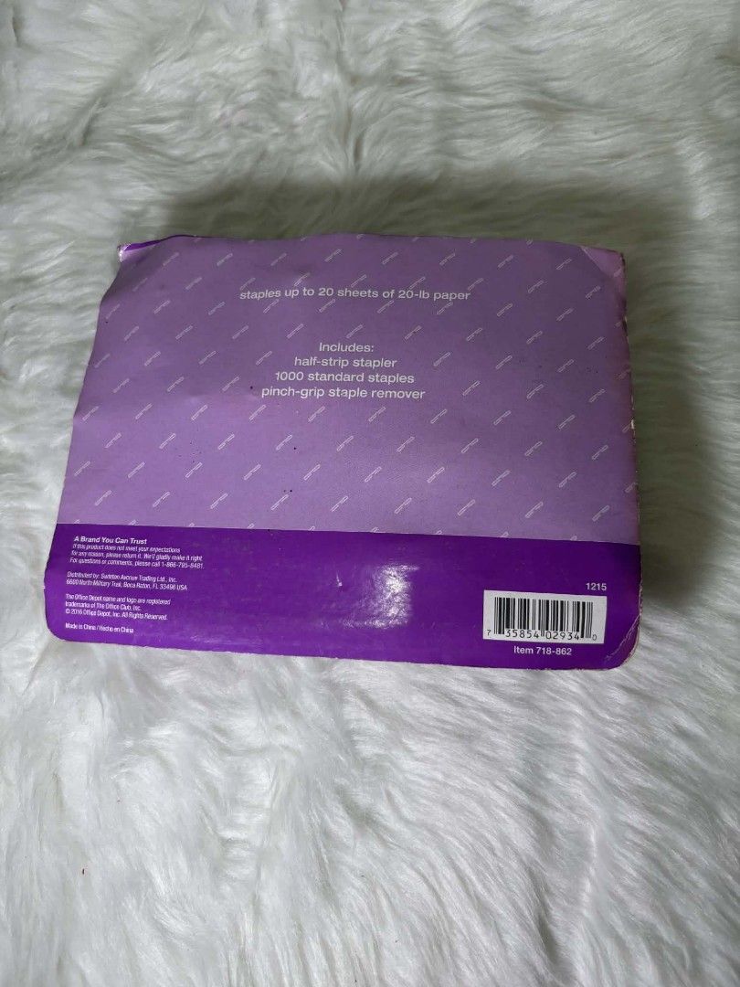Office Depot Purple Stapler Set (150-400) (Category: Office Furniture & Fixtures) located in Rizal. Submitted by everythingfancy.ph (Listing ID 1420514304, Image 2). Description: Set includes a purple half-strip stapler, 1000 standard staples, and a pink-grip staple remover. The stapler is designed to staple up to 20 sheets of 20-lb paper. The set is from Office Depot..