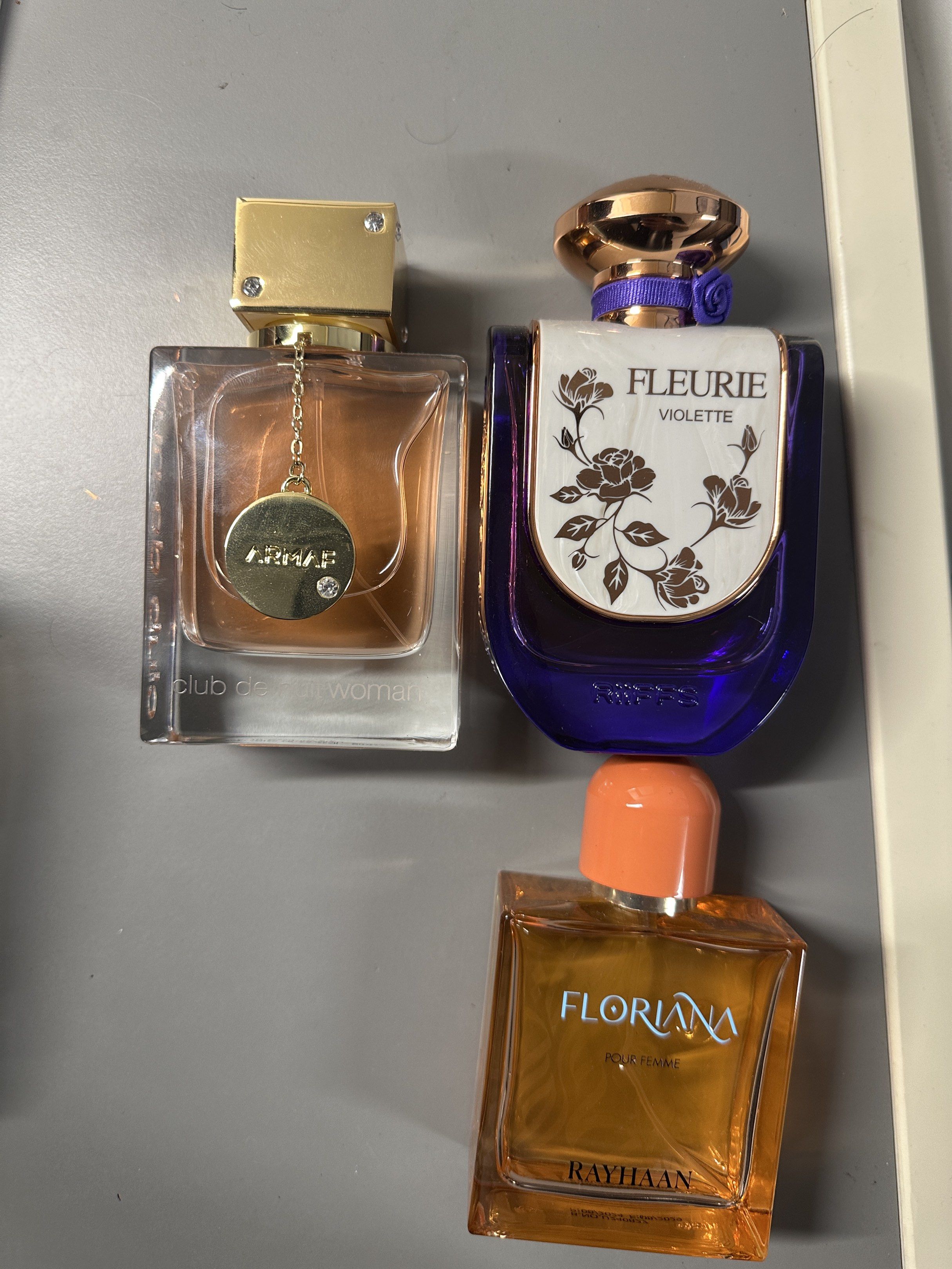 Perfume Declutter (Category: Fragrance & Deodorants) located in Singapore. Submitted by mangolassi123 (Listing ID 1420544535, Image 1). Description: Armaf CDN for women (99%) - $25 no box Rayhaan Floriana (70%) - $15 no box Riffs Fleurie Violette (95%) - $20 with box.