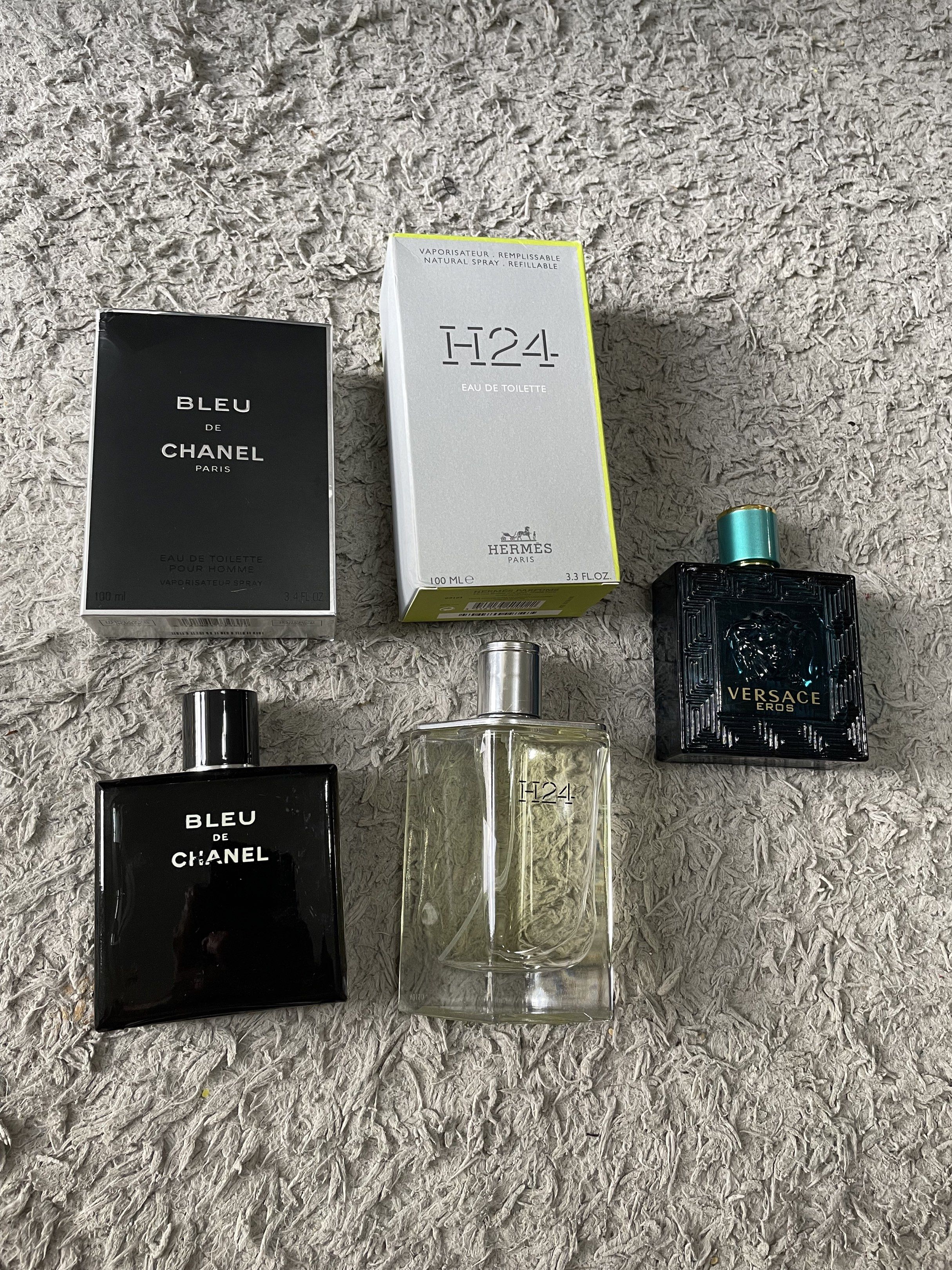 Perfume Set ( H24, Bleu De Chanel, Eros ) (Category: Fragrance & Deodorants) located in Bacolod City. Submitted by ejdp_24 (Listing ID 1420442143, Image 1). Description: Perfume Set Duplicates only Good for display Bought online, may scent pero not close to orig 😆 H24 Bleu De Chanel Versace Eros.