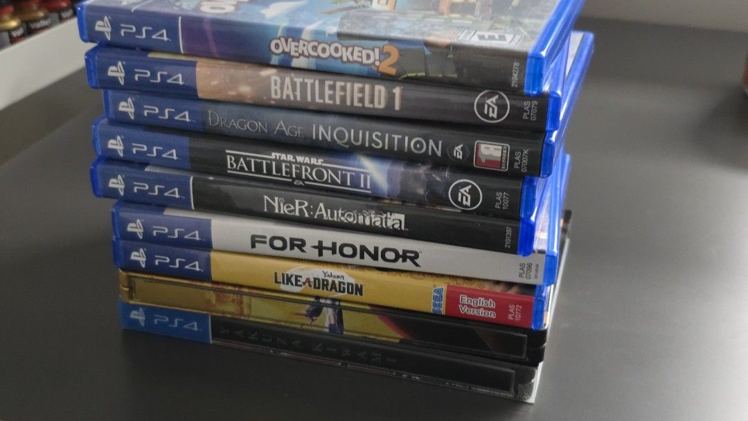 PS4 Game Bundle (Category: PlayStation) located in Antipolo. Submitted by al-0038 (Listing ID 1420419096, Image 1). Description: Selling old PS4 games. Overcooked 2 For Honor Battlefield 1 Star Wars Battlefront 2 Dragon Age Inquisition NieR Automata Yakuza Kiwami w/ Steelbook Yakuza 7 with Steelbook 600 for each game except Yakuza (900 each). Discounted if buying multiple titles. Payment via GCash or BPI. From Antipolo City..