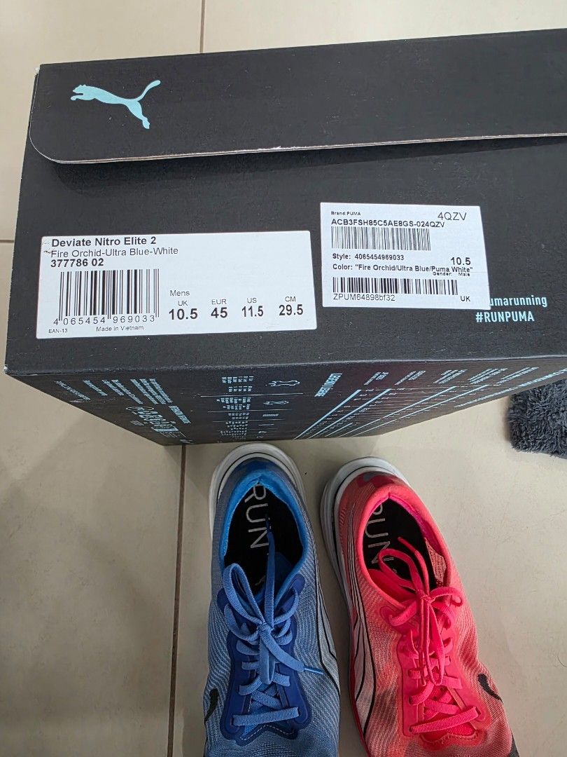 Puma Deviate Nitro Elite 2 Running Shoes (Category: Sneakers) located in Pasig City. Submitted by aileen604 (Listing ID 1420362874, Image 2). Description: - Puma Deviate Nitro Elite 2 running shoes - Size: 11.5 US / 45 EUR / 29.5 CM - Color: Blue and Pink - Includes original box - Features Puma logo - Specifically designed for running.