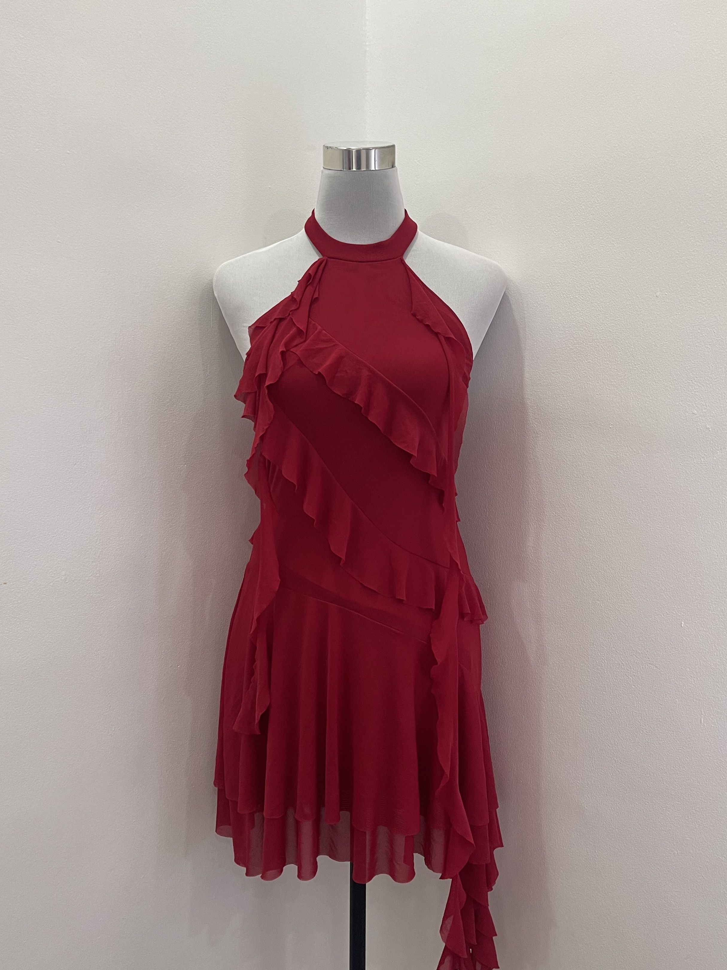Red Halter Neck Ruffle Dress (Category: Dresses) located in Cavite. Submitted by devilourea (Listing ID 1420482350, Image 1). Description: - Elegant red halter neck dress - Features cascading ruffles - Fitted bodice - Flared skirt with asymmetrical hem - Made of lightweight, flowing fabric - Perfect for special occasions.