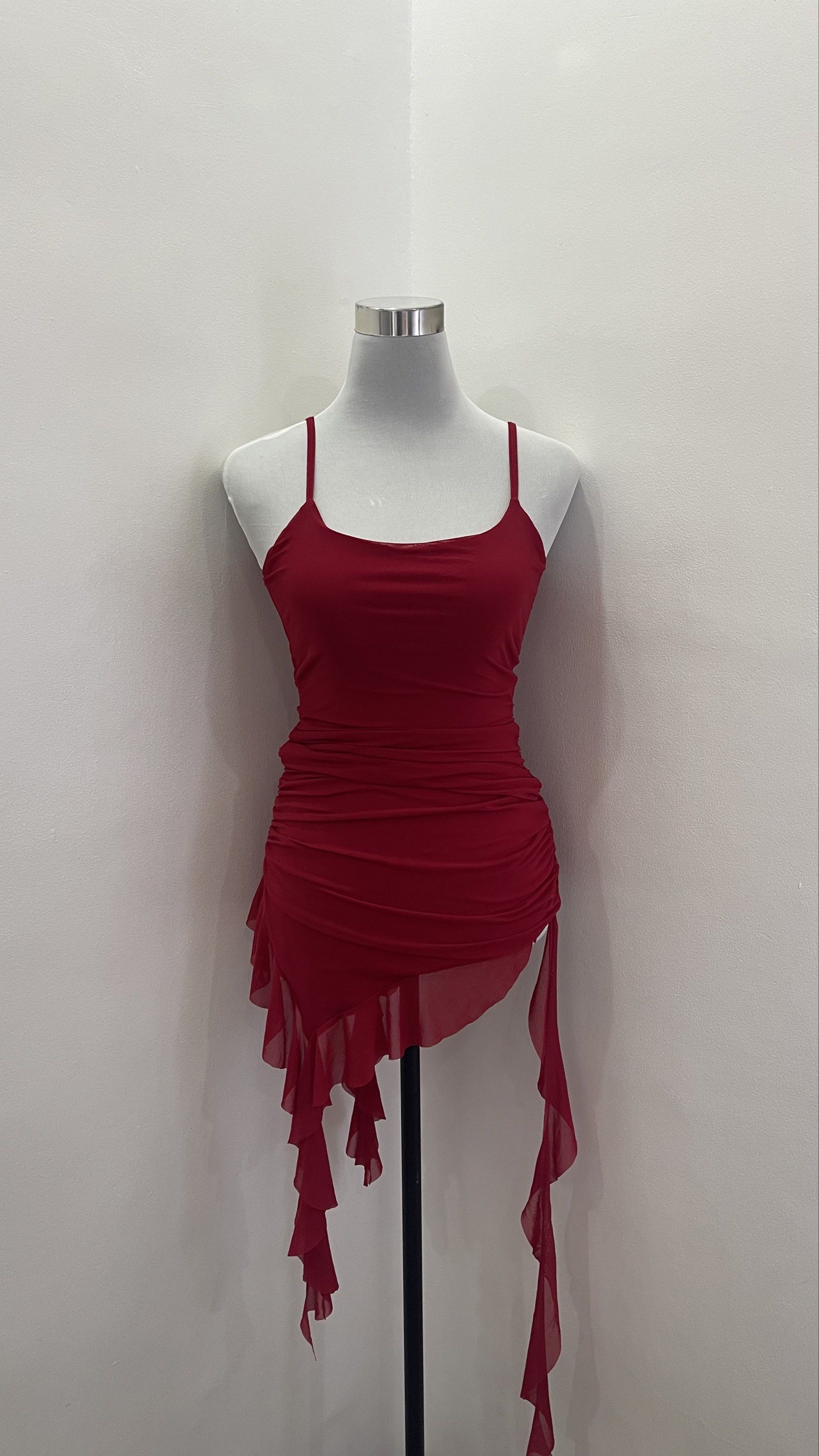 Red Spaghetti Strap Ruffle Dress (Category: Dresses) located in Cavite. Submitted by devilourea (Listing ID 1420482564, Image 2). Description: - Red spaghetti strap dress - Asymmetrical ruffle design - Fitted, ruched bodice - Flowing, lightweight fabric - Ideal for special occasions.