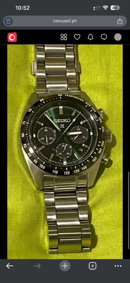 Seiko Speedtimer Chronograph Watch (Category: Luxury Watches) located in Manila. Submitted by ytoci (Listing ID 1420519629, Image 2). Description: - Seiko Speedtimer watch bought at 38k in the mall, tokyo store - Green dial with chronograph subdials - Tachymeter bezel - Stainless steel case and bracelet - Date display at 6 o'clock.