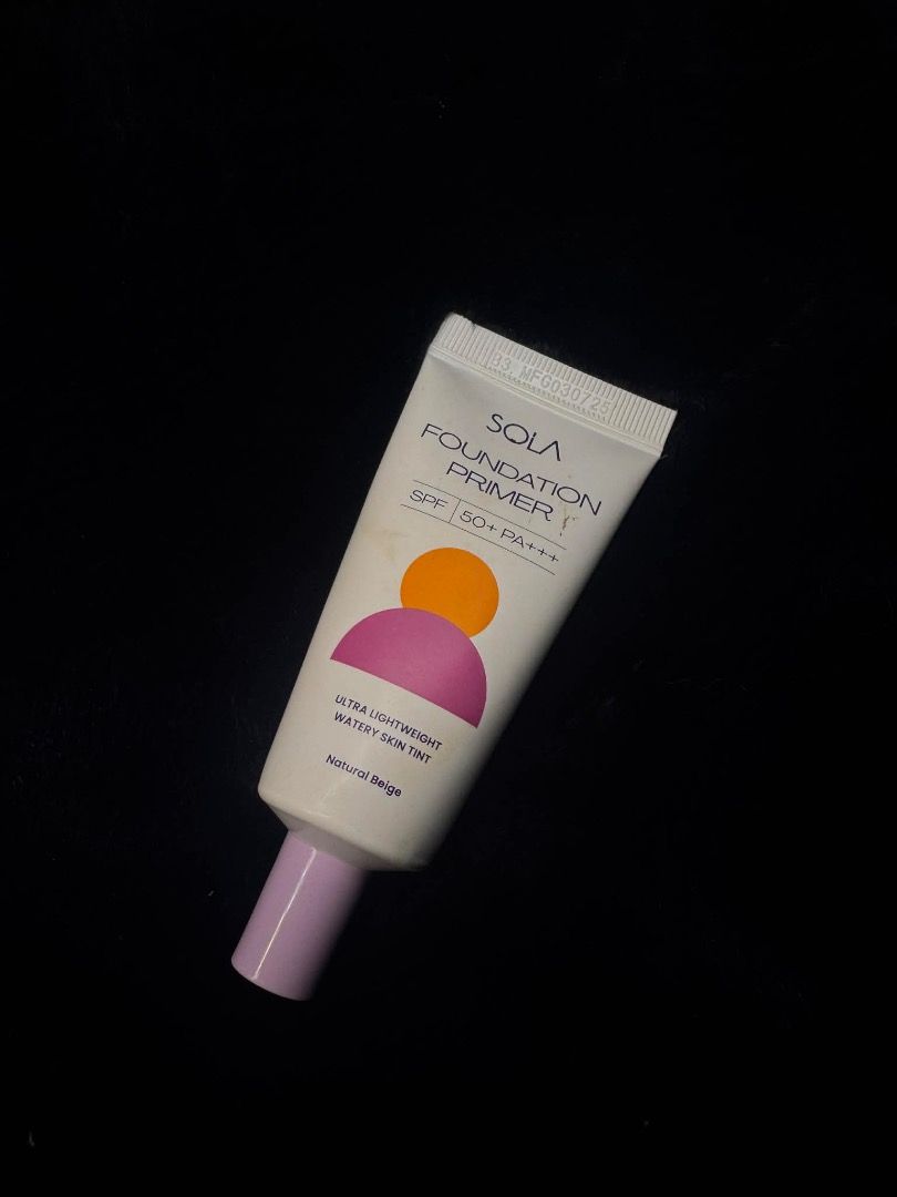 SOLA Foundation Primer SPF 50+ PA+++ (Category: Makeup) located in Manila. Submitted by rjay92 (Listing ID 1420519663, Image 1). Description: - SOLA Foundation Primer - SPF 50+ PA+++ - Shade: Natural Beige - Ultra-lightweight, watery texture - Packaging: White tube with purple cap, orange and pink design.