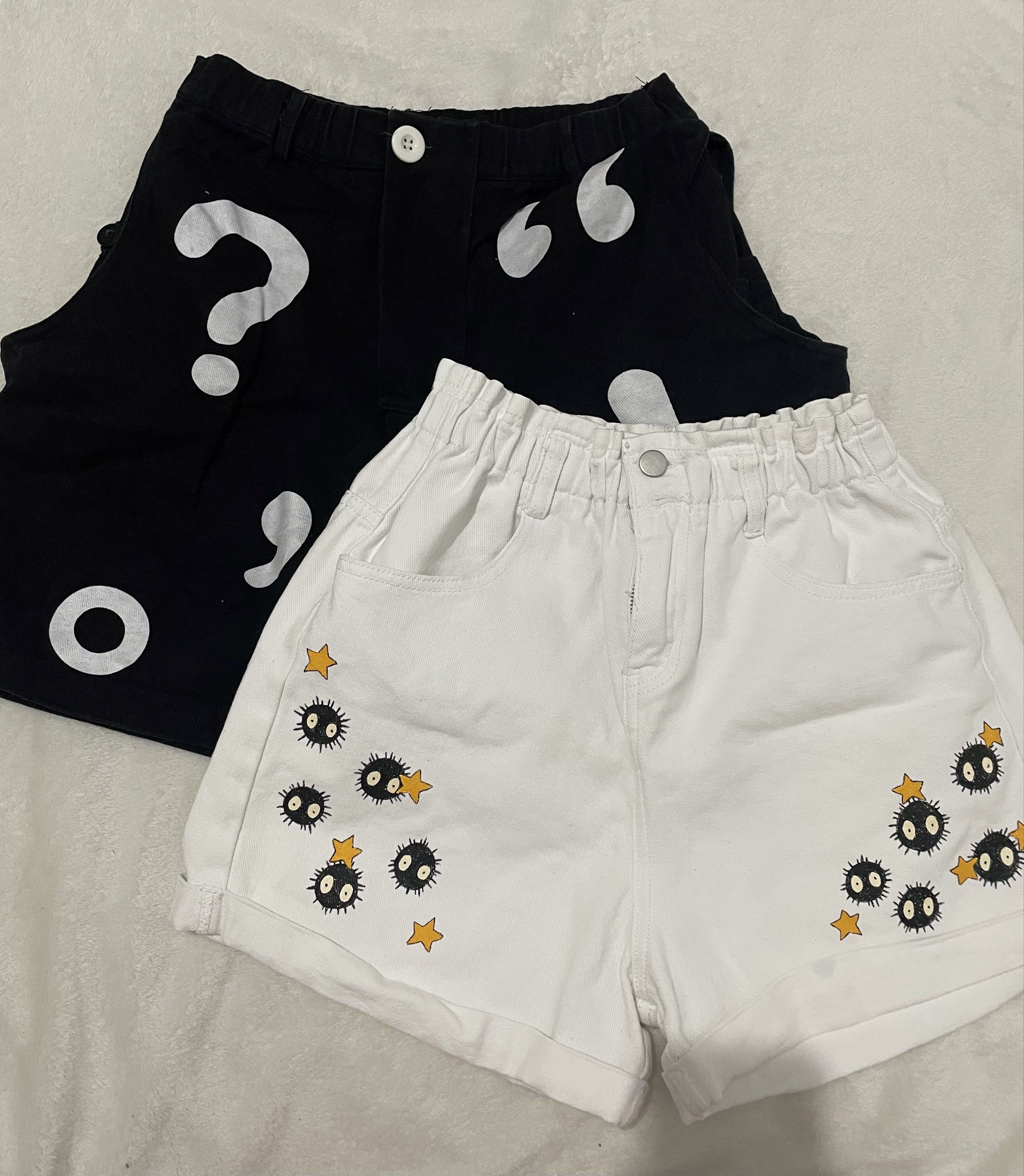 Sold as Set - Handpainted Denim Shorts (Category: Shorts) located in Manila. Submitted by reloom (Listing ID 1420405494, Image 1). Description: Black - 26-28 White - 26-30 Both denim / Maong Sold as set.