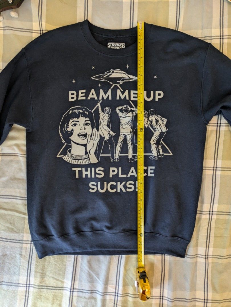 Netflix Official Stranger Things Robin Buckley Beam Me Up Sweatshirt (Category: Tshirts & Polo Shirts ) located in Mandaluyong City. Submitted by sgtpepper (Listing ID 1420391159, Image 3). Description: - Official merchandise purchased from Netflix Shop (original price ₱2,200 plus 900 shipping) - "Beam Me Up This Place Sucks" print like Robin's on the show - See pics for dimensions (20.5x26in) - RFS: purchased a smaller one stranger things robin 
