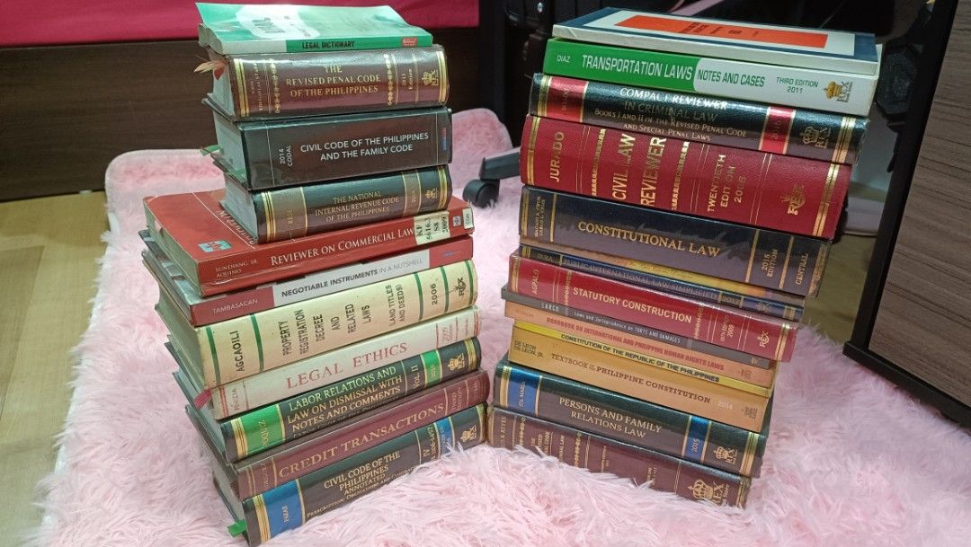 Take All Law Books Hardbound Paperbound (Category: Textbooks) located in Quezon City. Submitted by TofuWithArnibal (Listing ID 1420500422, Image 2). Description: - Comprehensive collection of law books. - Topics include: Revised Penal Code, Civil Code, Constitutional Law, Transportation Laws, Legal Ethics, Credit Transactions, and Labor Relations. - Suitable for law students and legal professionals. - Some books are annotated with notes and comme