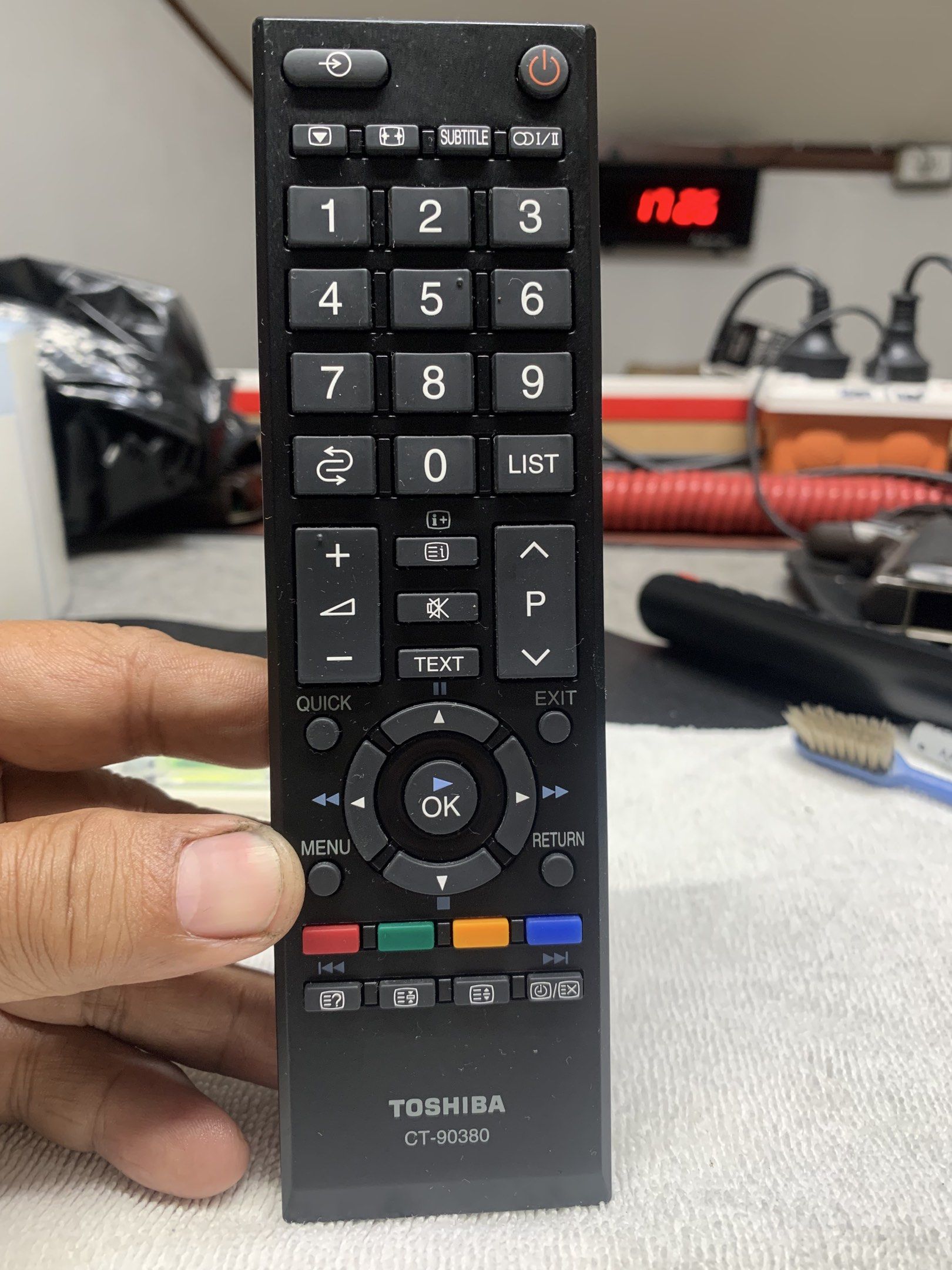 Toshiba CT-90380 Original TV Remote Control (Category: TV) located in Paranaque City. Submitted by seb_trading (Listing ID 1420452398, Image 2). Description: - Genuine Toshiba CT-90380 remote control - Full set of buttons: numbers, volume, channel, menu - Requires 2 AAA batteries (not included) - Perfect replacement for lost or damaged remotes - authentic Toshiba remote control last price Paranaque area.