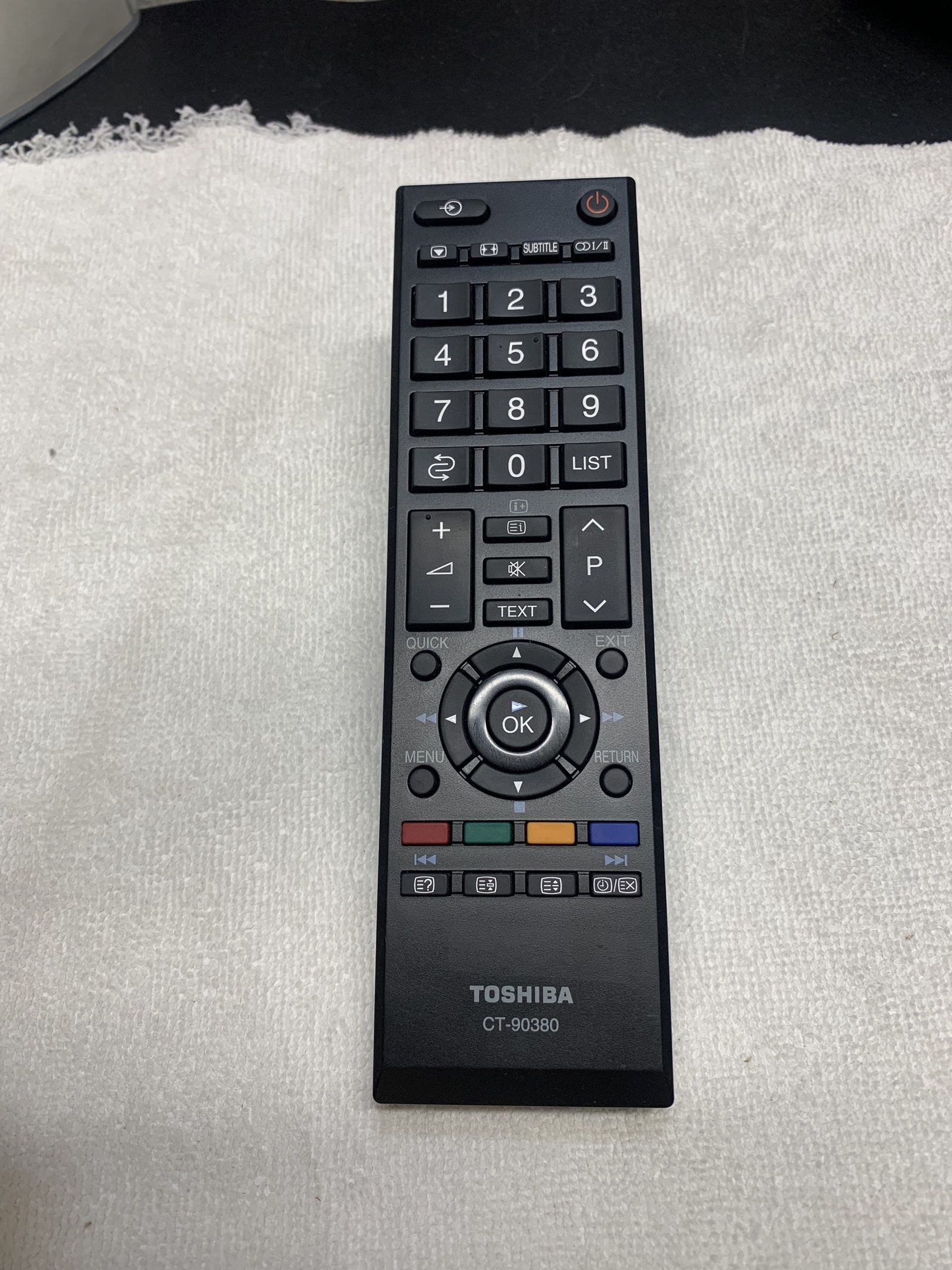 Toshiba CT-90380 Original TV Remote Control (Category: TV) located in Paranaque City. Submitted by seb_trading (Listing ID 1420452398, Image 1). Description: - Genuine Toshiba CT-90380 remote control - Full set of buttons: numbers, volume, channel, menu - Requires 2 AAA batteries (not included) - Perfect replacement for lost or damaged remotes - authentic Toshiba remote control last price Paranaque area.