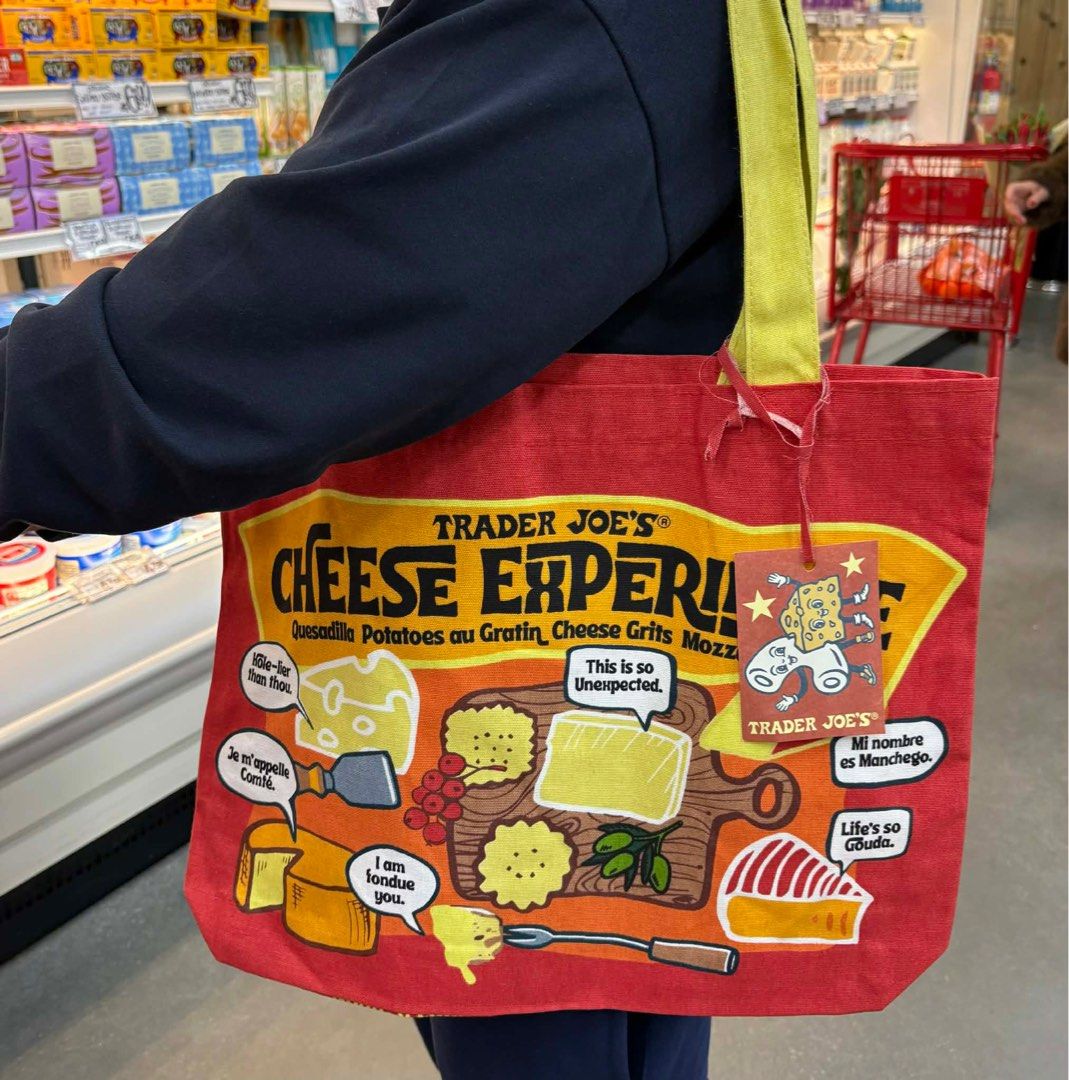 Trader Joe's Tote Bags (Category: Tote Bags) located in Bacolod City. Submitted by girlydecluttering (Listing ID 1420368420, Image 2). Description: - Includes: - Classic white and navy Trader Joe's logo bag. - Red cheese-themed bag. - Blue collapsible bag. - Sturdy handles. - Ideal for groceries and everyday use..