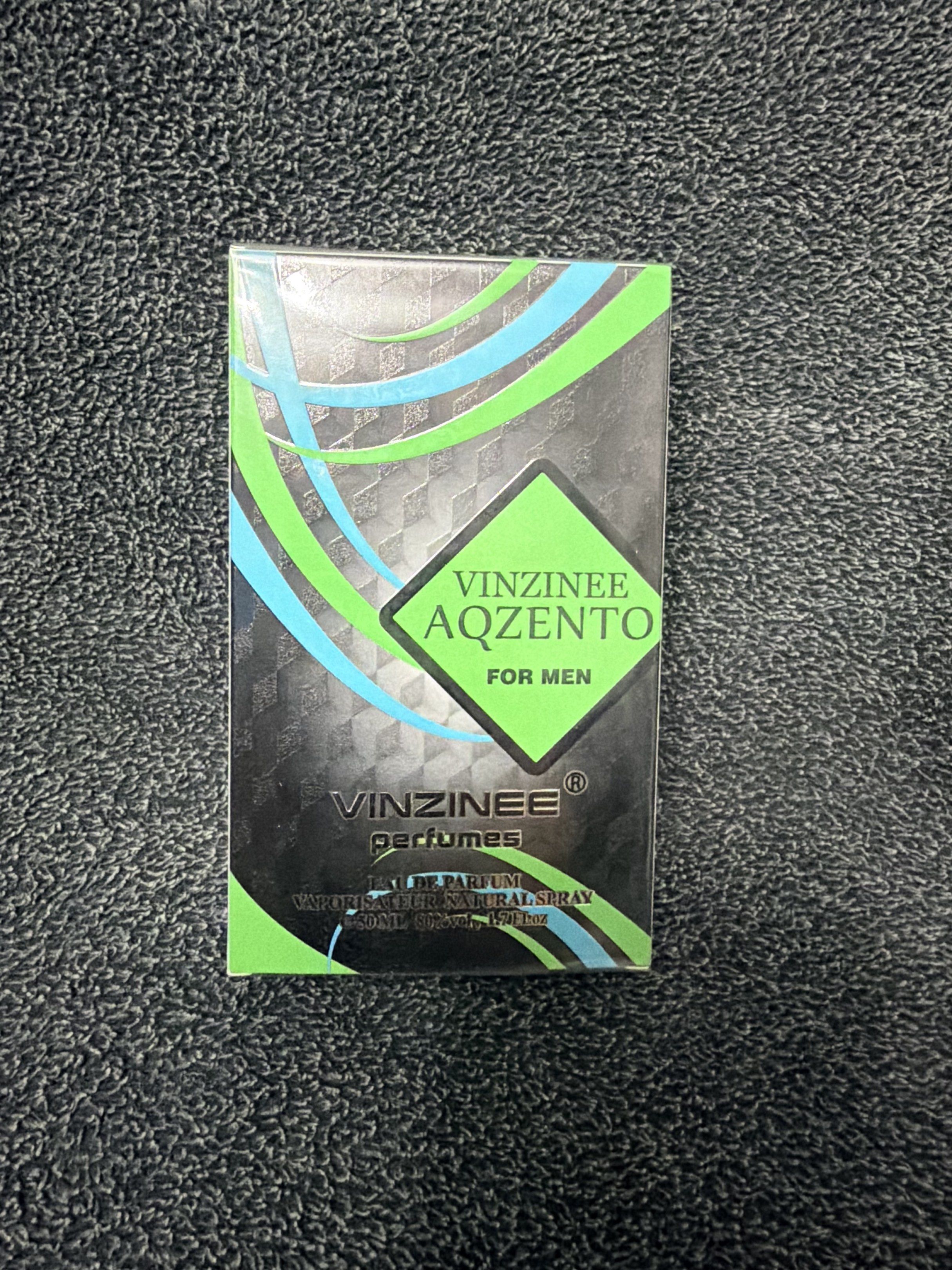 VinZinee Aqzento for Men Eau de Parfum (Category: Fragrance & Deodorants) located in Cainta. Submitted by jehbry (Listing ID 1420479340, Image 1). Description: - VinZinee Aqzento for Men Eau de Parfum - For Men - 120ml size - Vaporisateur Natural Spray - Features a striking black, green, and blue box design.