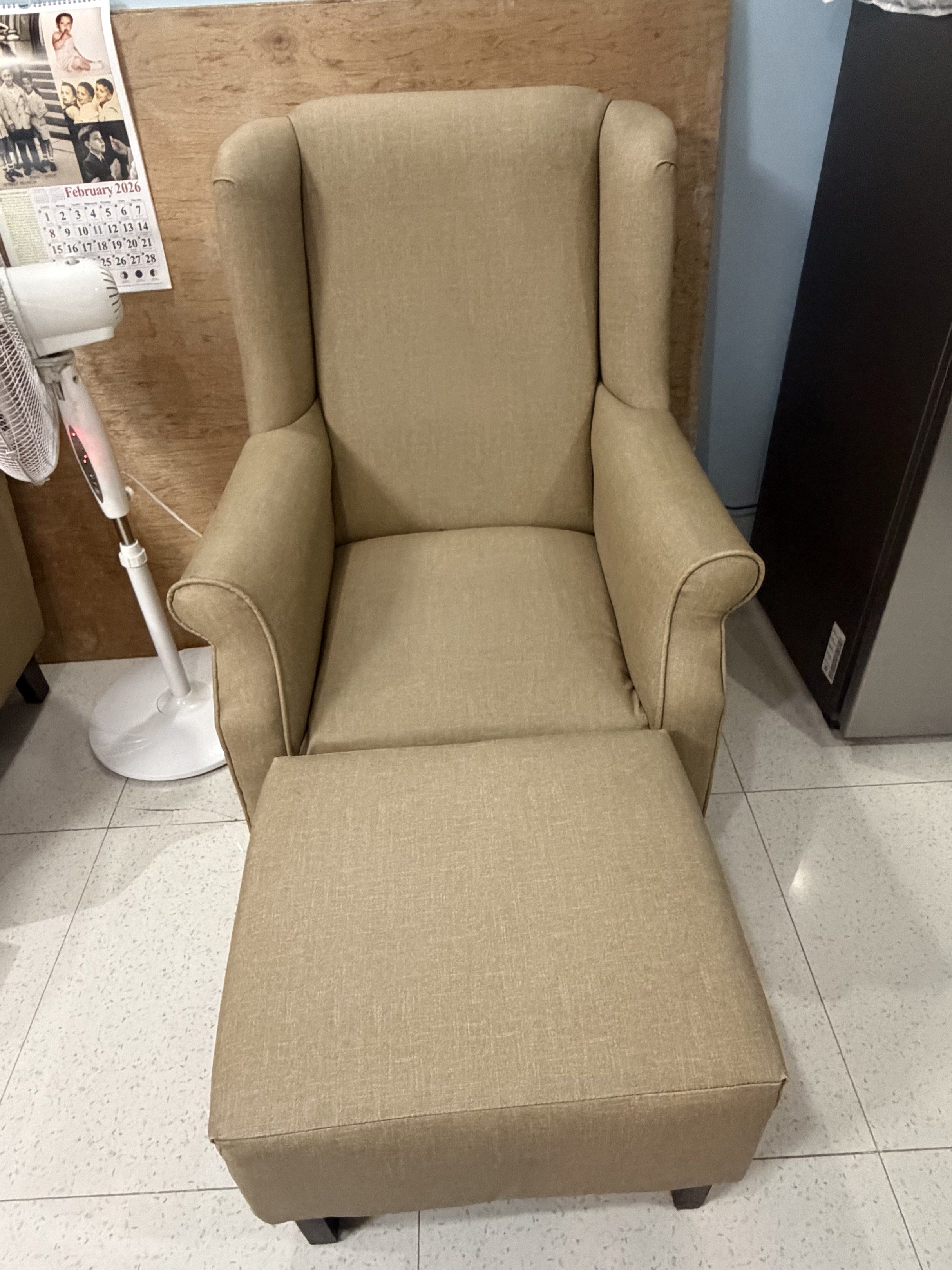 Wingback Armchair with Ottoman and 2-Seater Sofa (Category: Sofas) located in Cavite. Submitted by mariahme03 (Listing ID 1420398041, Image 2). Description: - Wingback armchair with matching ottoman - Includes a 2-seater sofa - Neutral beige fabric - Black legs - Sofa comes with cushions - Perfect for living rooms and lounge areas - French Leather From Biffany & Beryl.