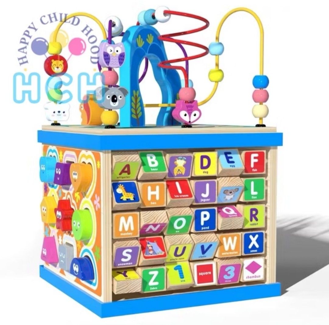 Wooden Activity Cube (Category: Infant Playtime) located in Paranaque City. Submitted by kandkclothing (Listing ID 1420527221, Image 1). Description: Discounted already! - Wooden activity cube for toddlers. - Includes a bead maze, shape sorter, alphabet blocks, and gear play. - Features a clock and other interactive elements. - Designed to develop essential skills through play. - Keeps children engaged and entertained. Original Price: P800.