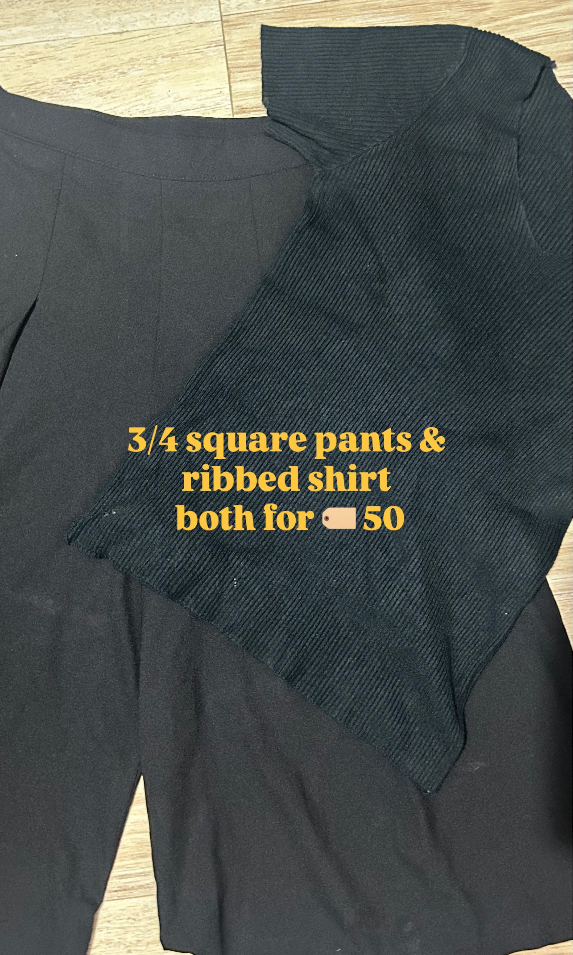 3/4 Square Pants and Ribbed Shirt Set (Category: Sets or Coordinates) located in Dagupan City. Submitted by suarteph (Listing ID 1420736926, Image 3). Description: - Set includes: 3/4 square pants and ribbed shirt - Color: Black - Pants: Wide leg design - Shirt: Short sleeves, V-neck - Style: Casual - Sold as a set.