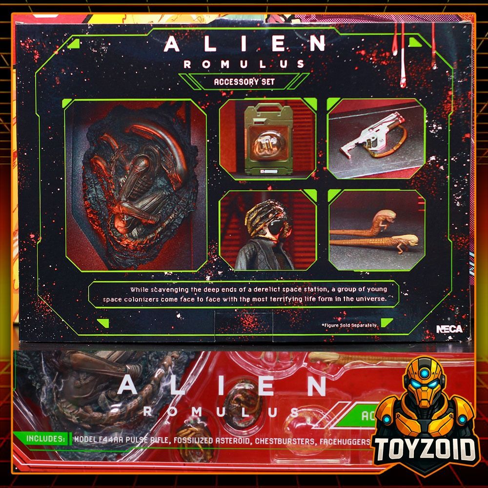 Alien Romulus Accessory Set (Category: Action & Battle Toys) located in Manila. Submitted by toyzoid (Listing ID 1420704638, Image 3). Description: On hand. Brand new, sealed. Sold as is. The set comes with a model F44AA Pulse Rifle accessory (fits 7-inch scale figures), asteroid with fossilized Xenomorph XX121, facehugger and chestburster with wired tails for posing. Also includes a cryo frame case with facehugger and interchangeable damaged pla