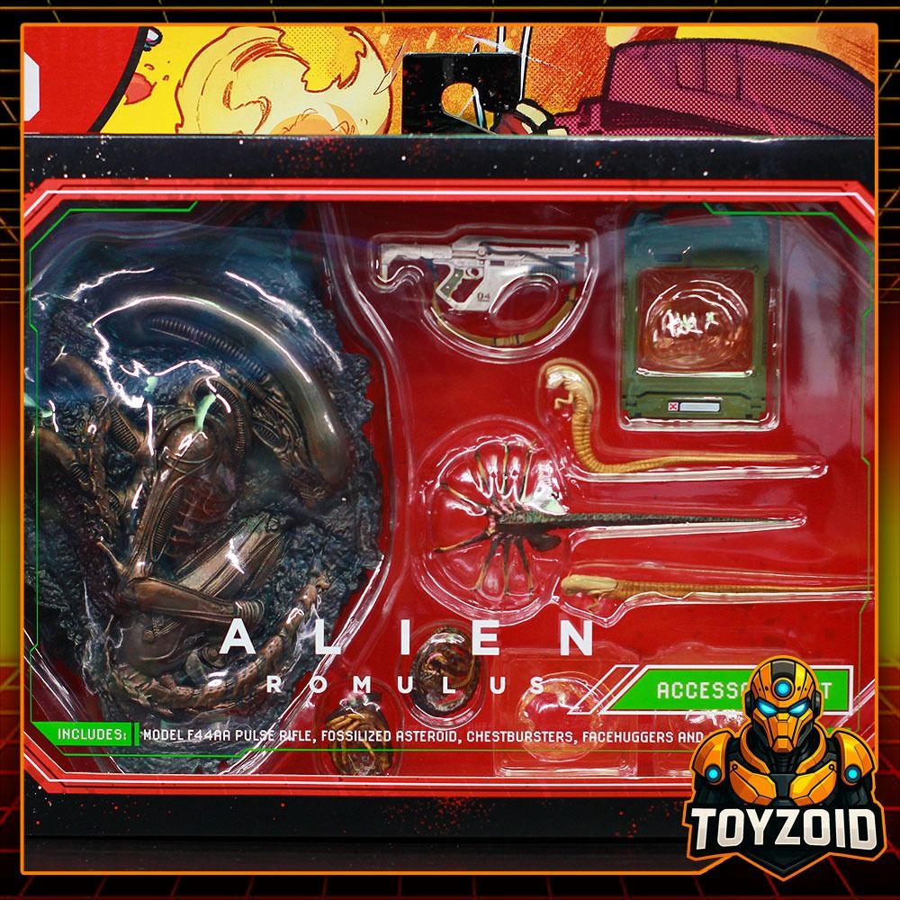 Alien Romulus Accessory Set (Category: Action & Battle Toys) located in Manila. Submitted by toyzoid (Listing ID 1420704638, Image 2). Description: On hand. Brand new, sealed. Sold as is. The set comes with a model F44AA Pulse Rifle accessory (fits 7-inch scale figures), asteroid with fossilized Xenomorph XX121, facehugger and chestburster with wired tails for posing. Also includes a cryo frame case with facehugger and interchangeable damaged pla