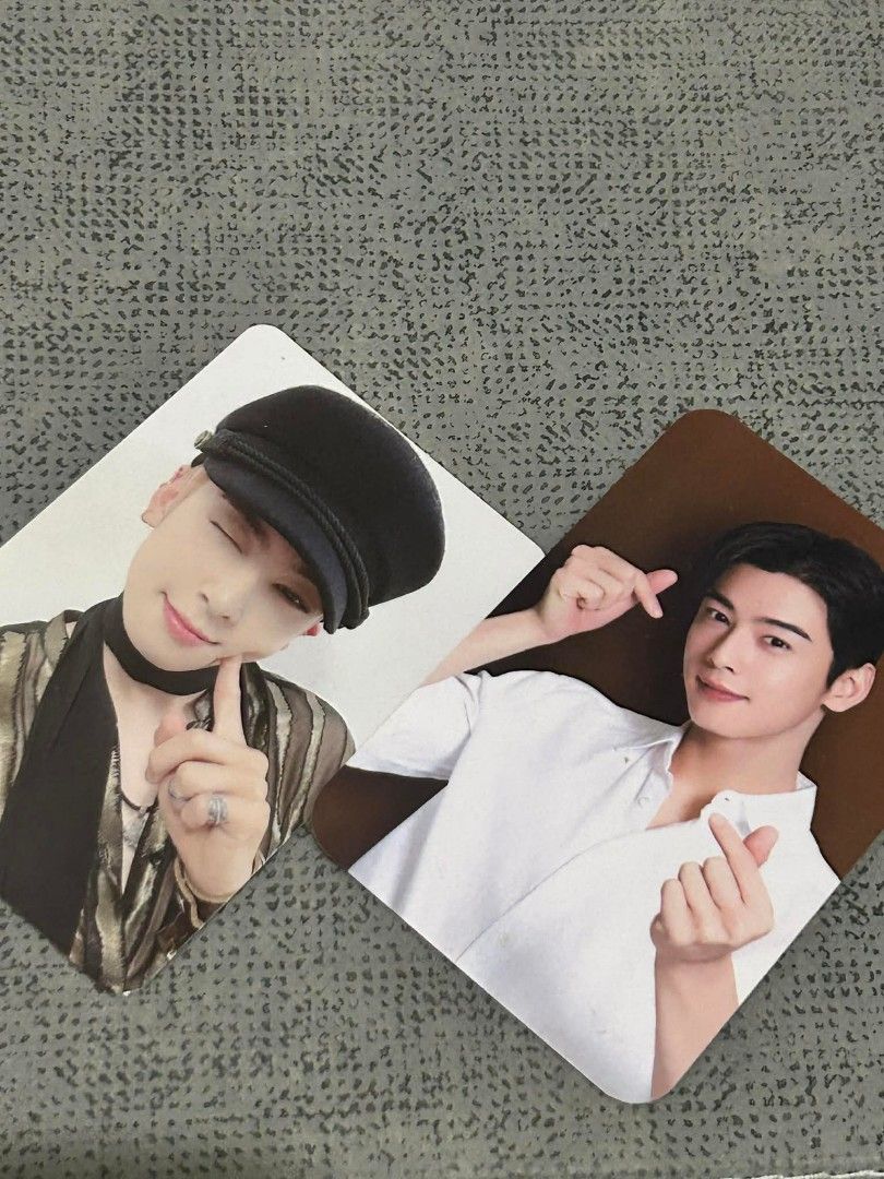 ASTRO Cha Eun-woo Bundle PC (Category: K-Wave Merchandise) located in Manila. Submitted by rufustilinskitwo (Listing ID 1420630785, Image 3). Description: Listing includes two photocards featuring Cha Eun-woo from ASTRO. One card is a Dunkin' Donuts collaboration with Cha Eun-woo, and the other is from the ASTRO 8th Mini Album "Switch On". Both cards showcase images of Cha Eun-woo. The Dunkin' Donuts card has his signature..