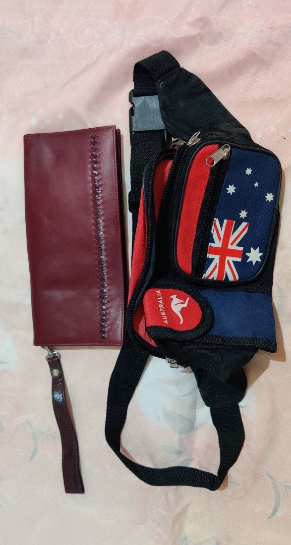 Australia belt Bag and Wallet Set (Category: Luxury Bags & Wallets) located in Baguio. Submitted by ferns_garage.0924 (Listing ID 1420656125, Image 1). Description: Set includes an Australia-themed sling bag and a maroon wallet. The sling bag features the Australian flag and a kangaroo logo. The wallet has a stitched design. Both items appear to be made of leather or a leather-like material. The sling bag has a black strap and multiple compartmen
