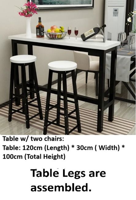 Bar Table with Stools (Category: Tables & Sets) located in Caloocan City. Submitted by alverstone.vault-66026 (Listing ID 1420581440, Image 3). Description: Stylish bar table set perfect for small spaces. Features a white tabletop with black metal legs. Includes two stools with white seats and black legs. Table legs are assembled. Ideal for a kitchen or dining area. Great for entertaining or casual dining. One table and two chairs: Table: 120cm (
