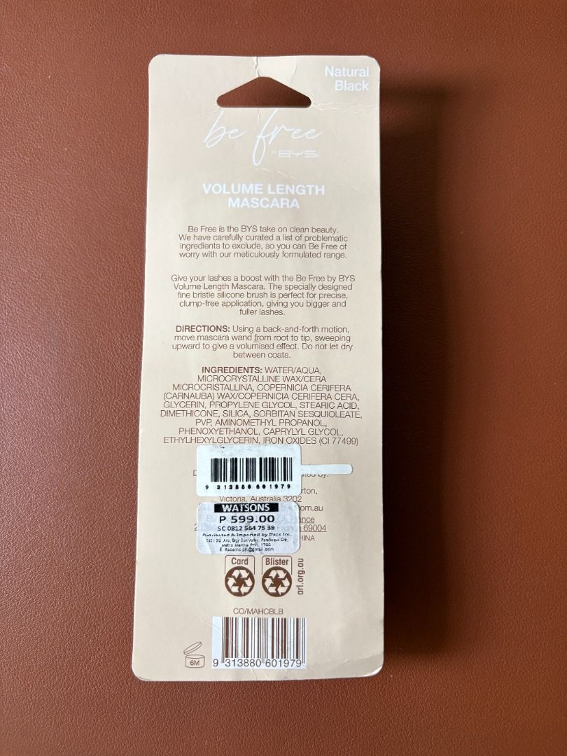 BYS Be Free Volume Length Mascara - Natural Black (Category: Makeup) located in Antipolo. Submitted by tagsale101 (Listing ID 1420573190, Image 2). Description: - Be Free Volume Length Mascara in Natural Black - Lengthening and volumizing formula - All-day wear - No flaking or clumping - 7ml.
