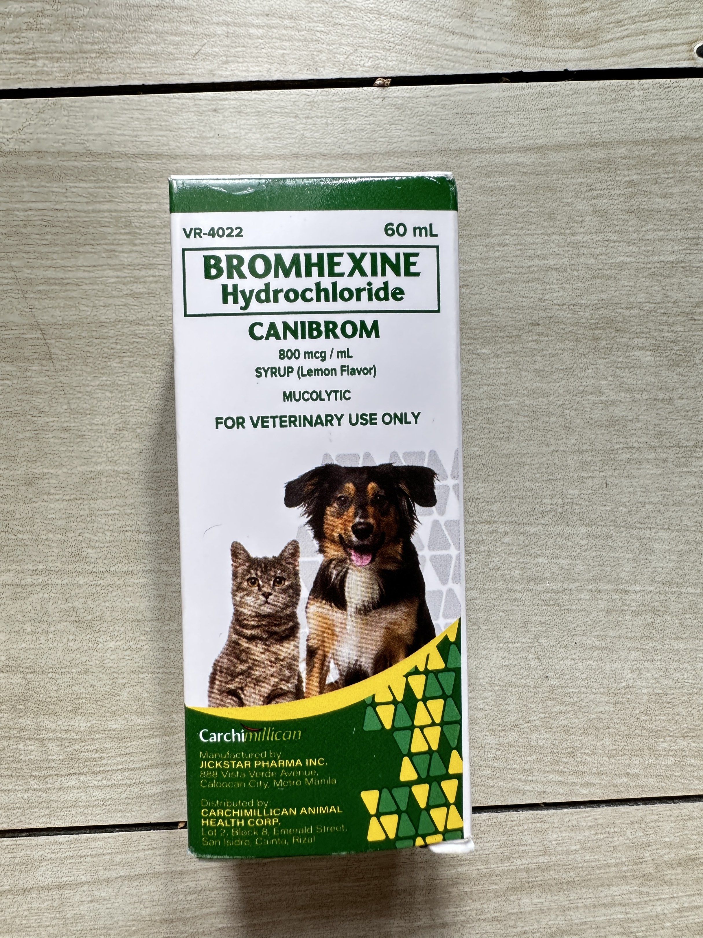 Canibrom Bromhexine Hydrochloride Syrup 60ml (Category: Homes & Other Pet Accessories) located in Pasig City. Submitted by shopnowbubba (Listing ID 1420616456, Image 1). Description: Selling Canibrom Bromhexine Hydrochloride Syrup (60 mL) for dogs and cats. Bought for my pet but no longer needed. I have one bottle remaining. Details: • Brand: Canibrom • Active ingredient: Bromhexine Hydrochloride 800 mcg/mL • Volume: 60 mL per bottle • Condition: