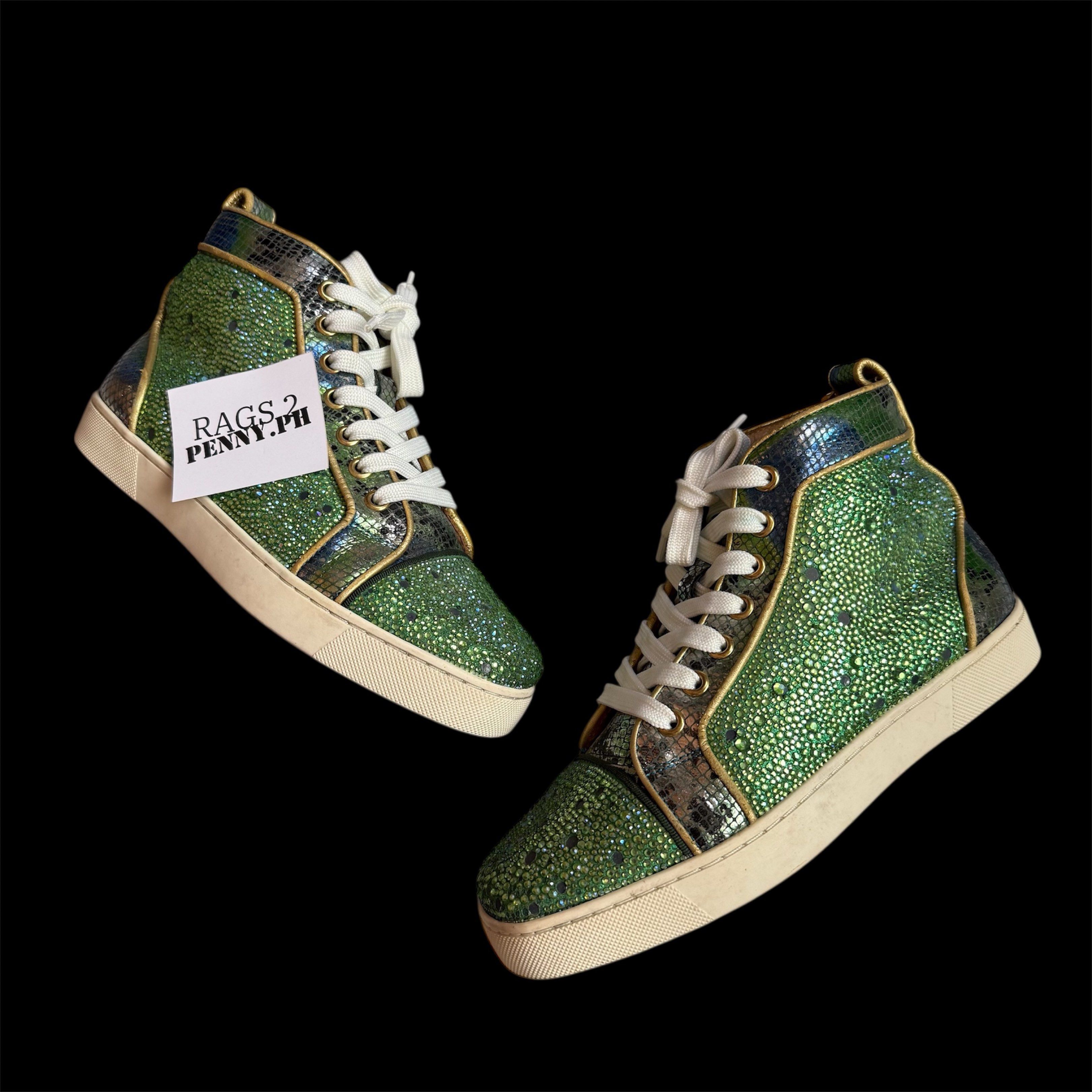 Christian Louboutin Louis High Top (Category: Sneakers & Footwear) located in Kabacan. Submitted by rags2penny.phl (Listing ID 1420709092, Image 1). Description: - Christian Louboutin Louis - High Top Sneaker - Green Python Leather & Swarovski Crystals issue : missing some crystal/rhinestones (see 6th - 10th photo).