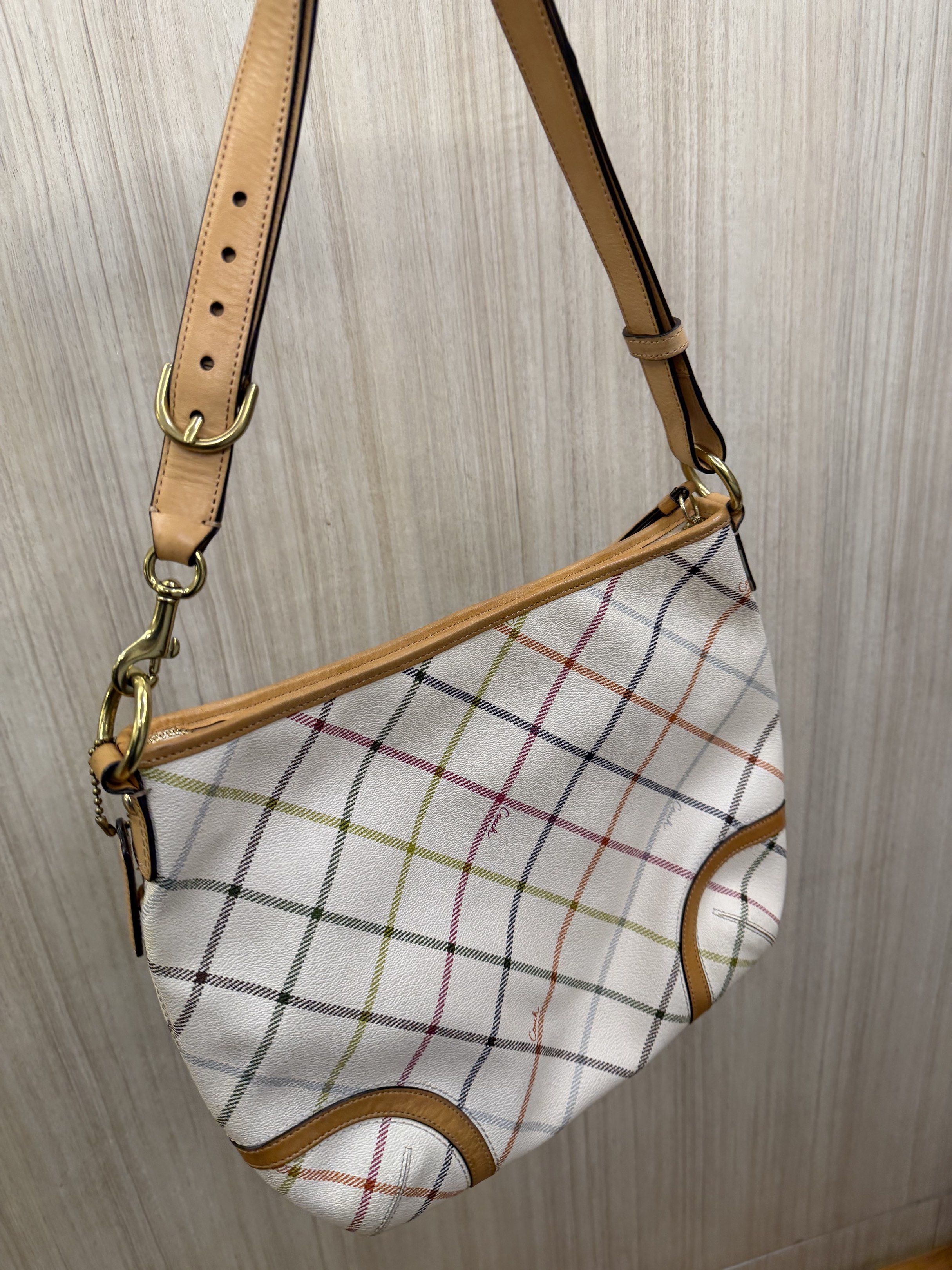 Coach Peyton Tattersall Plaid Shoulder Bag (Category: Luxury Bags & Wallets) located in Manila. Submitted by mts7890 (Listing ID 1420594141, Image 2). Description: - Coach shoulder bag - Plaid pattern - Tan leather strap and trim - Beige lining with multiple pockets - Gold-toned hardware - Zipper closure - Includes Coach hangtag.