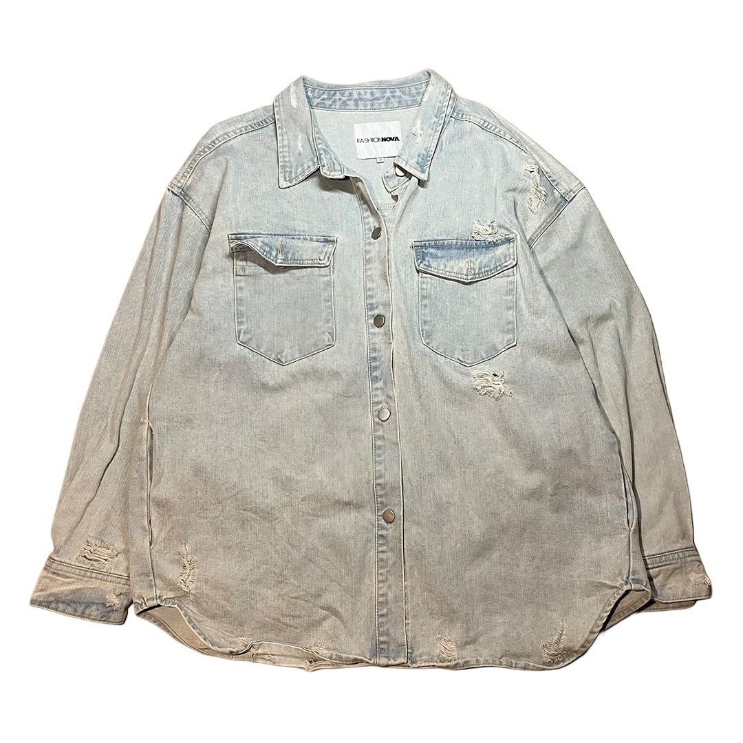 Fashion Nova Distressed Light Washed Denim Jacket (Category: Coats, Jackets and Outerwear) located in Batangas. Submitted by ukayro (Listing ID 1420705146, Image 1). Description: Fashion Nova Distressed Light Washed Denim Jacket 26 W 30 L Off/legit No issue.