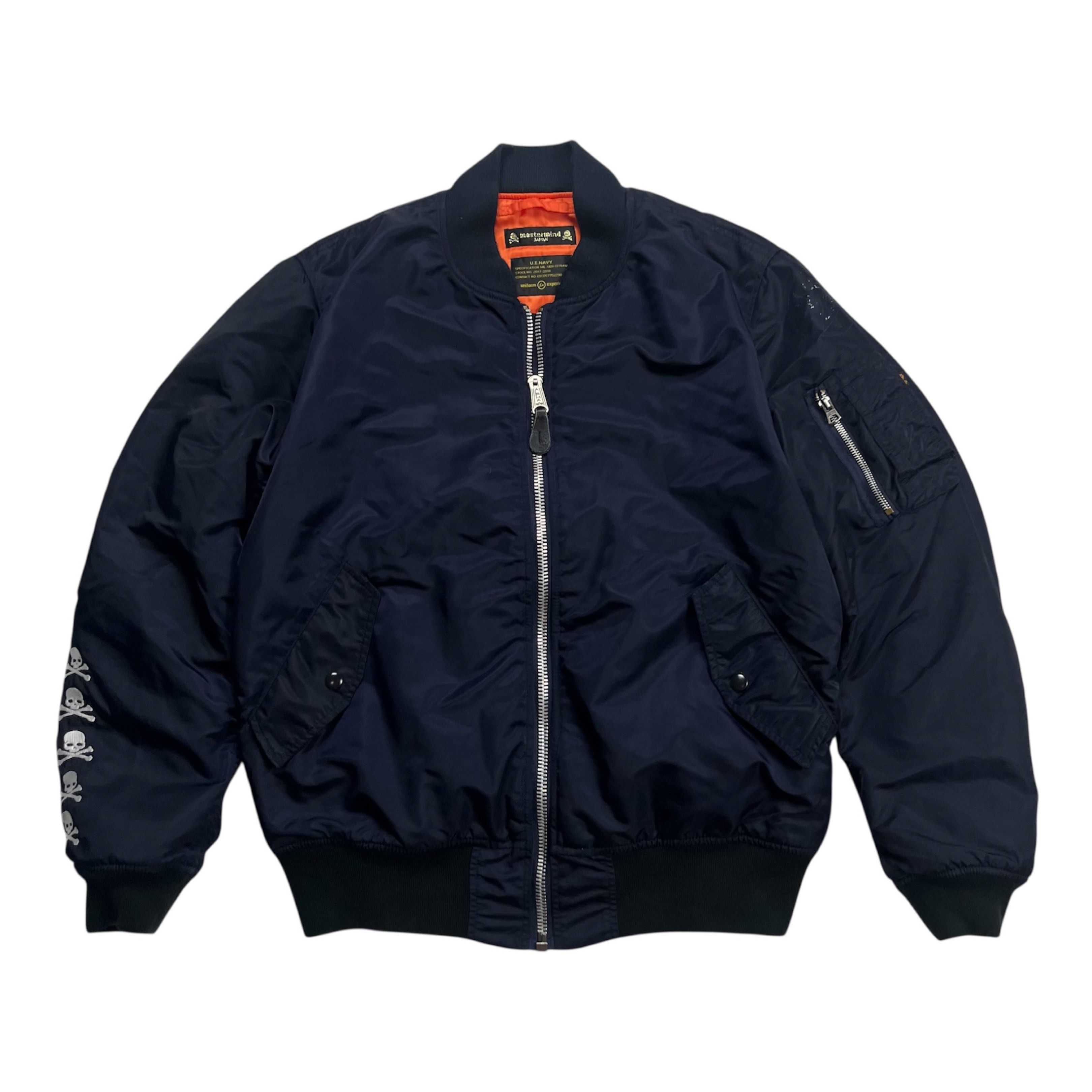 FW 2013 Mastermind x Uniform Experiment ‘Skull and Bones’ Bomber Jacket (Category: Coats, Jackets and Outerwear) located in Quezon City. Submitted by jusjawnz (Listing ID 1420575795, Image 3). Description: From FW 2013, this Mastermind x Uniform Experiment “Skull and Bones” bomber jacket is cut in a traditional bomber silhouette and features embroidered Mastermind skulls running down the right sleeve, contrasted by leather trim adorned with skull