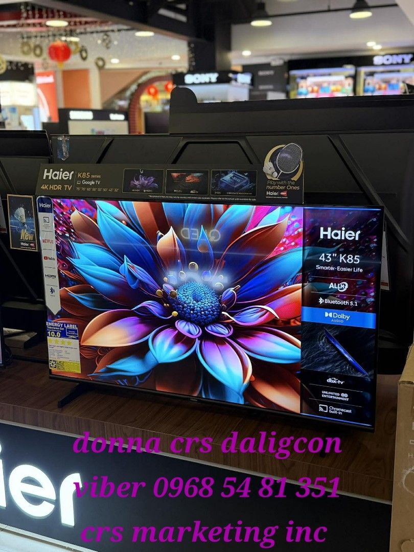 Haier tv (Category: TV) located in Manila. Submitted by donnasagao03665 (Listing ID 1420678258, Image 2). Description: 🟫 HAIER GOOLE TV / HAIER SMART TV / HAIER MINILED TV / HAIER QLED TV 🟫 H40K68FG - 10,500 H58K68UG - 21,700 H32K85FX - 8,400 H40K85EFX - 10,600 H43K85FFX - 14,400 H50K85FUX - 17,600 H55K85FUX - 19,800 H65K85FUX - 28,300 H70K85EUX - 35,500 H75K85FUX - 38,000 QLED TV H43S80EUX - 17,800 H50S80EUX - 21,200 H55S80EUX - 22,800 H65S80E