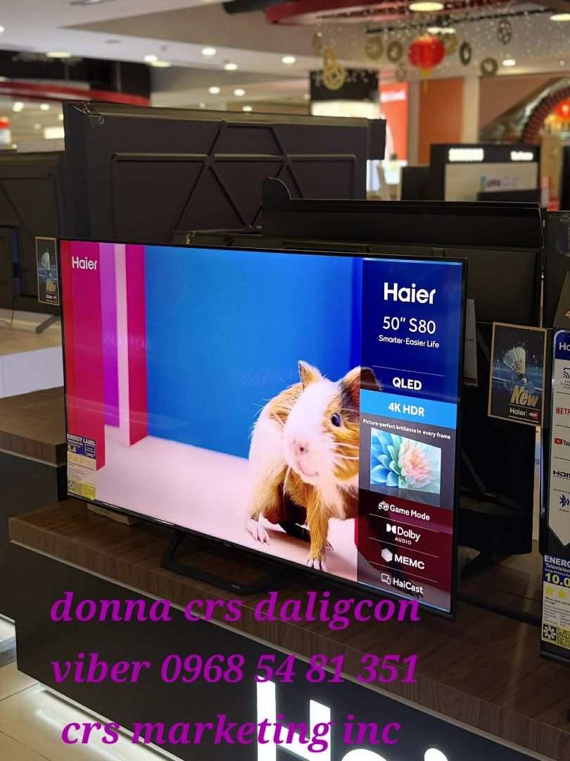Haier tv (Category: TV) located in Manila. Submitted by donnasagao03665 (Listing ID 1420678258, Image 3). Description: 🟫 HAIER GOOLE TV / HAIER SMART TV / HAIER MINILED TV / HAIER QLED TV 🟫 H40K68FG - 10,500 H58K68UG - 21,700 H32K85FX - 8,400 H40K85EFX - 10,600 H43K85FFX - 14,400 H50K85FUX - 17,600 H55K85FUX - 19,800 H65K85FUX - 28,300 H70K85EUX - 35,500 H75K85FUX - 38,000 QLED TV H43S80EUX - 17,800 H50S80EUX - 21,200 H55S80EUX - 22,800 H65S80E