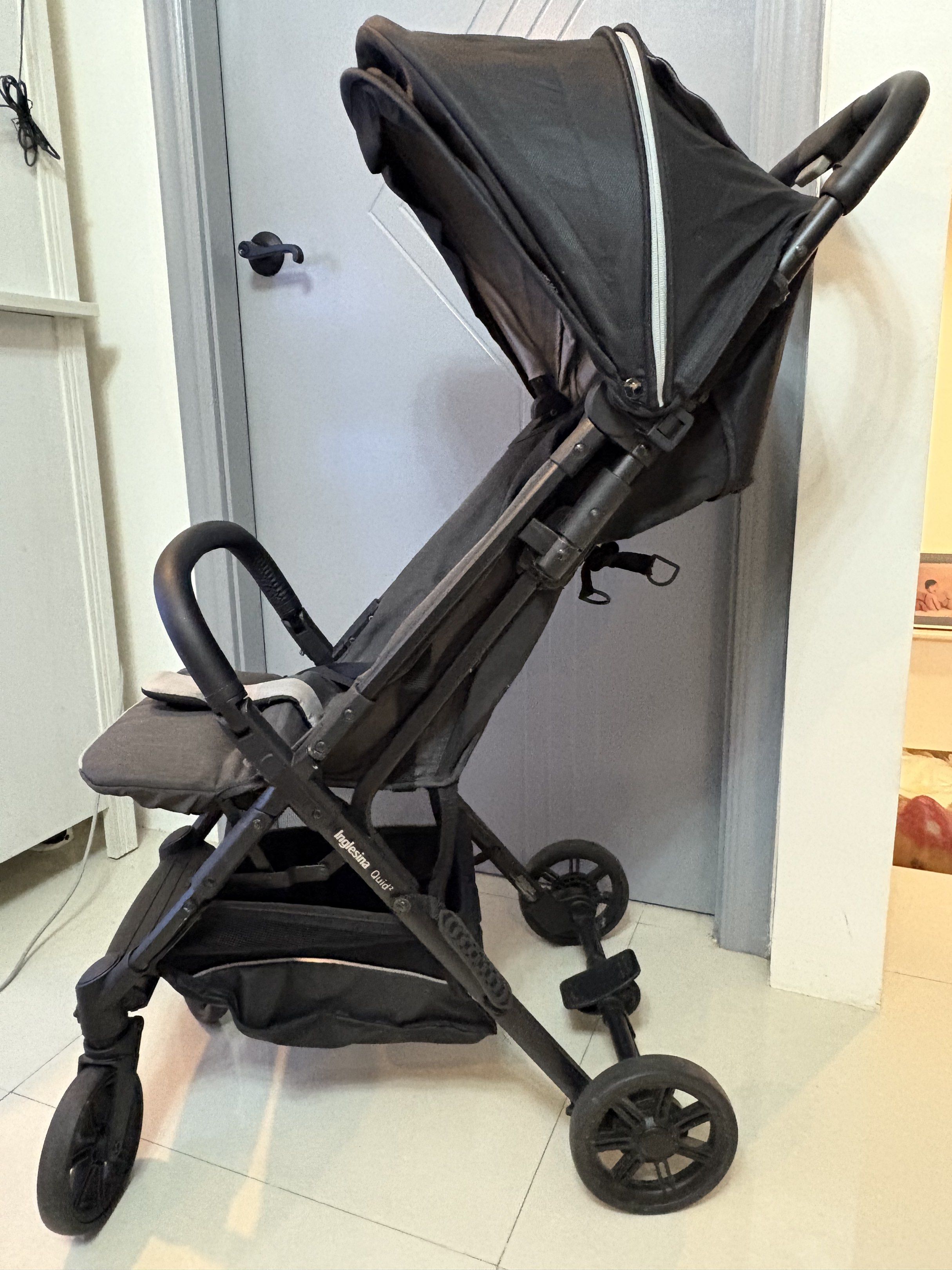 Inglesina Quid Stroller (Category: Strollers) located in Manila. Submitted by rob8819 (Listing ID 1420588436, Image 1). Description: - Inglesina Quid stroller - Used 2x in travel abroad - Punctured handle due to airport handling - Black frame and seat - Includes sun canopy - Features a storage basket - Folds for easy storage and transport.